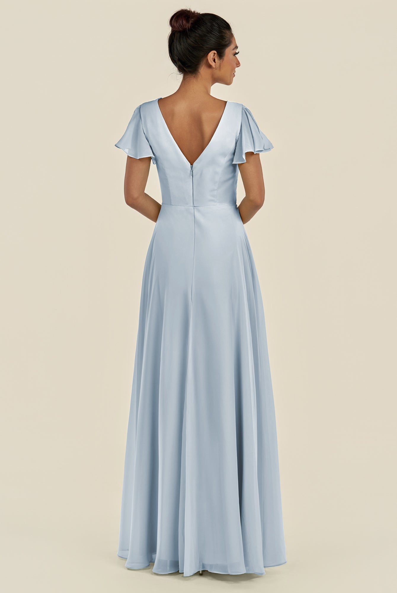 KissDress-Corin Ice A Line Chiffon V Neck Long Bridesmaid Dress with Flutter Sleeves