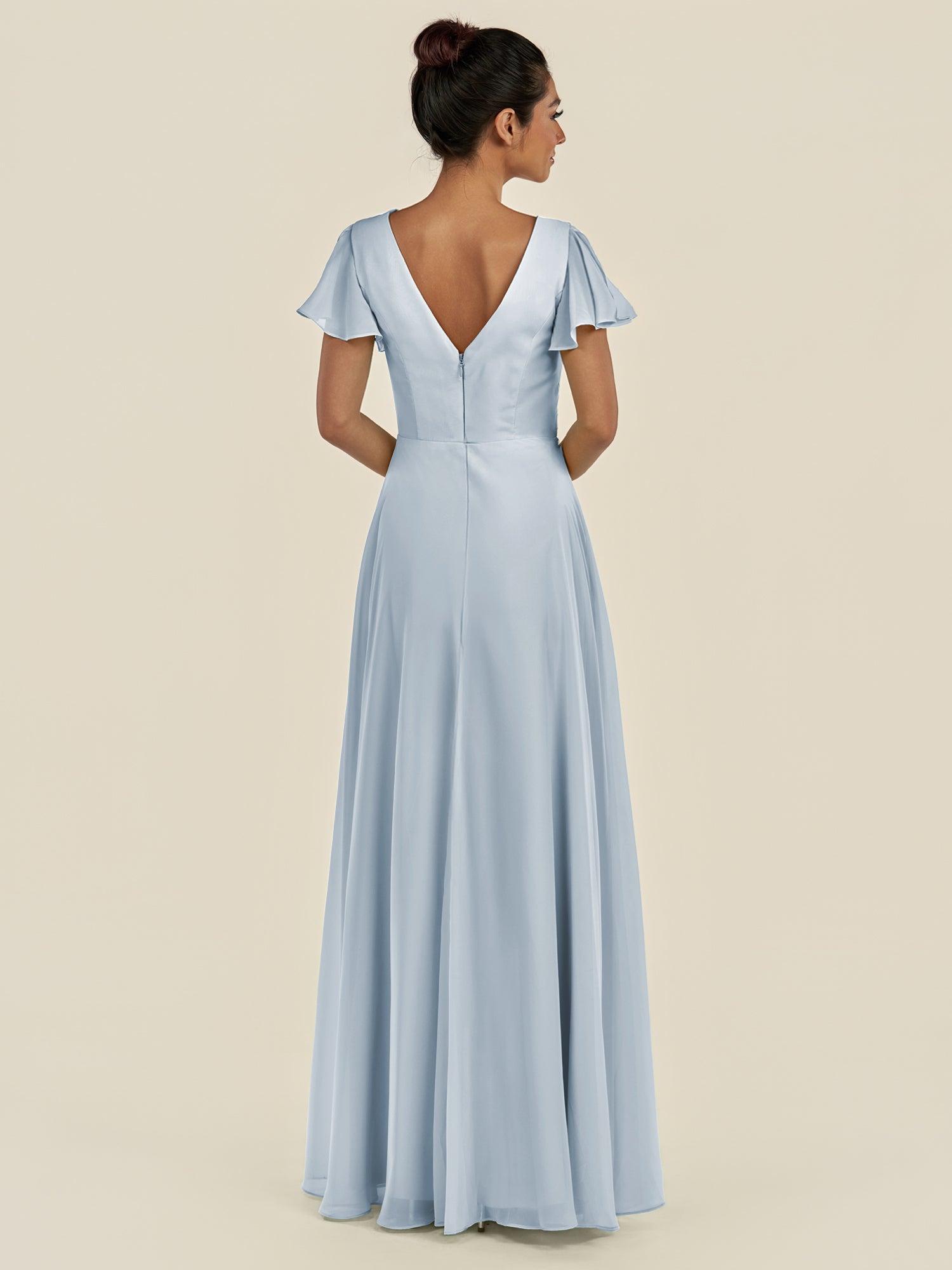KissDress-Corin Ice A Line Chiffon V Neck Long Bridesmaid Dress with Flutter Sleeves