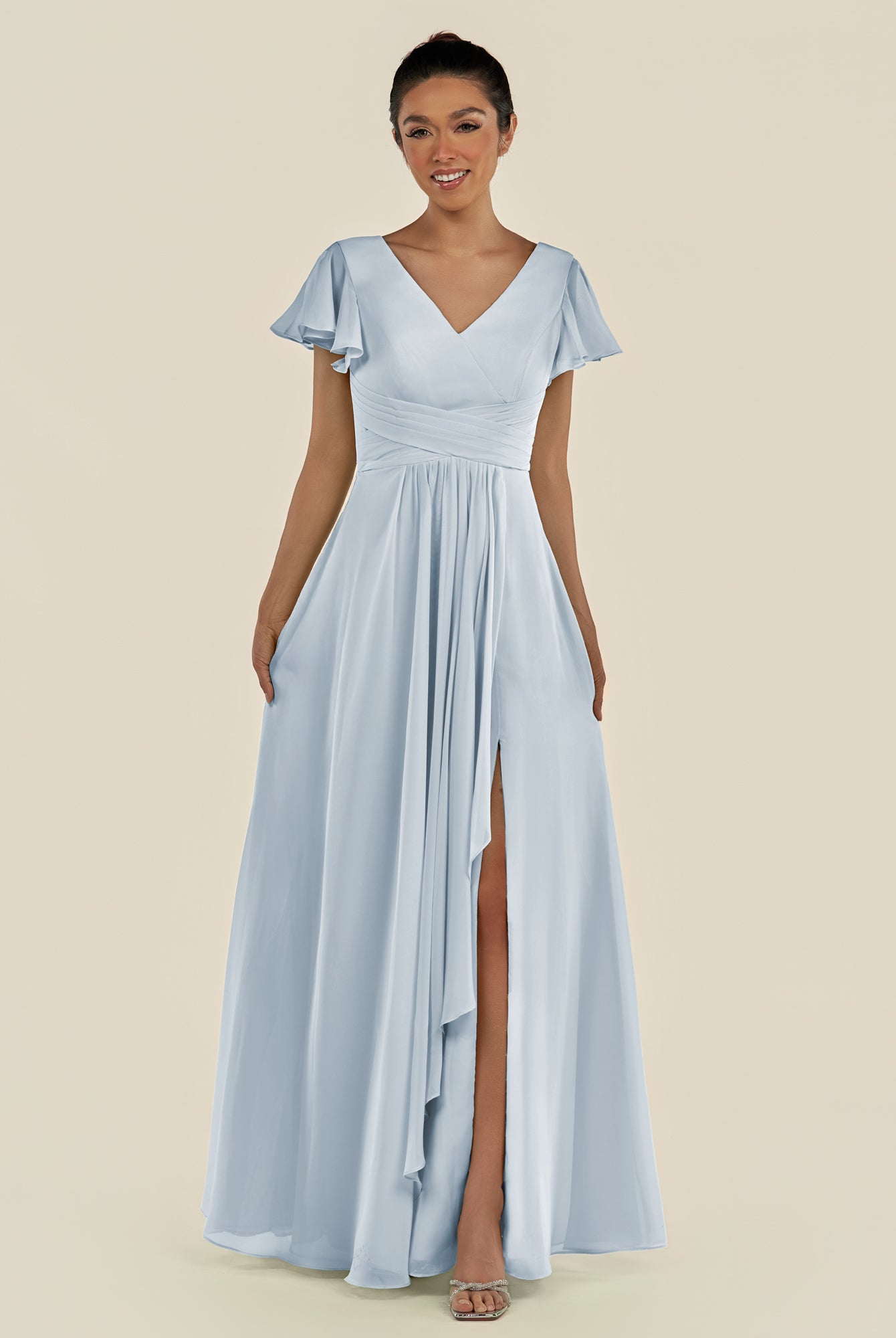 KissDress-Corin Ice A Line Chiffon V Neck Long Bridesmaid Dress with Flutter Sleeves