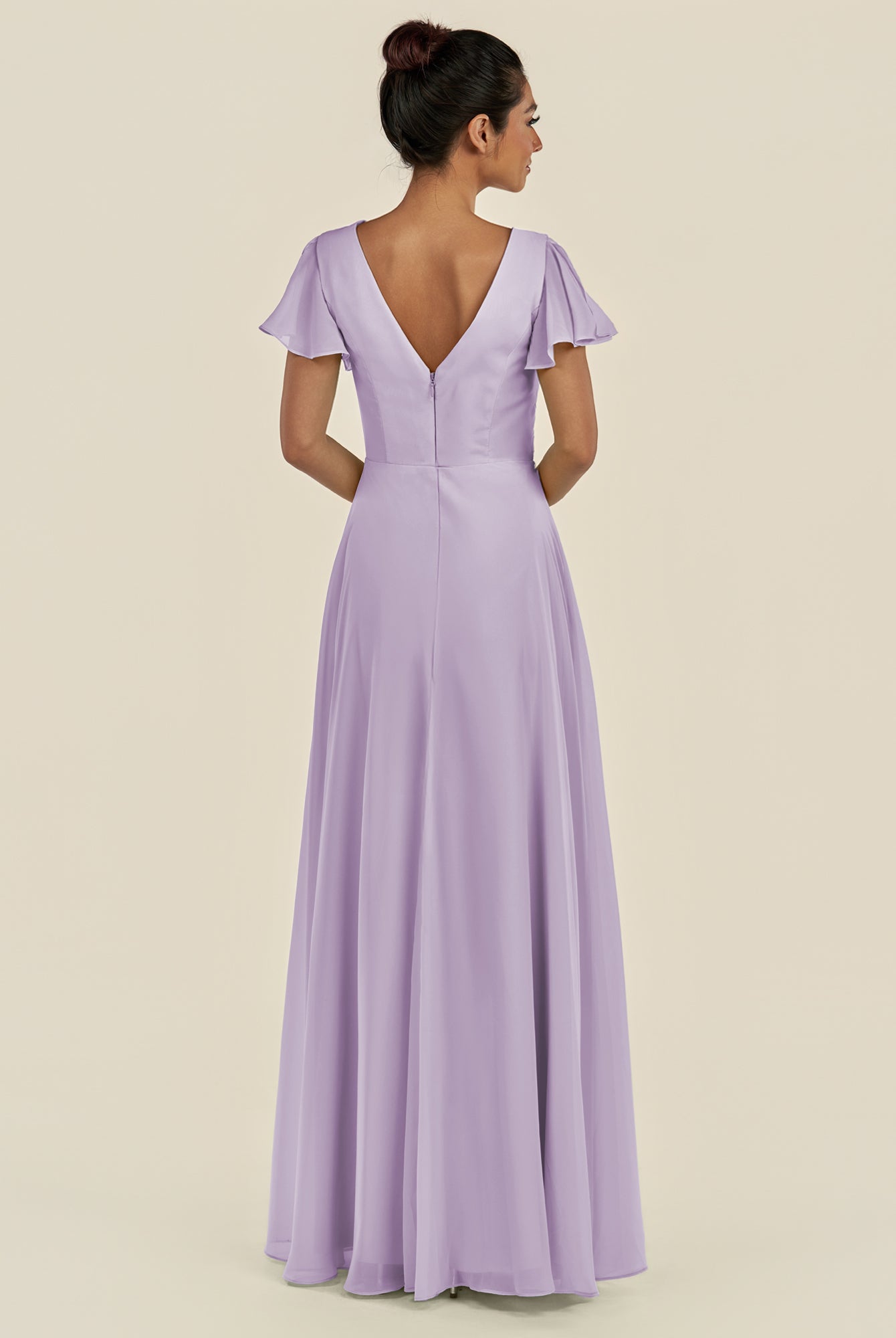 KissDress-Corin Lavender A Line Chiffon V Neck Long Bridesmaid Dress with Flutter Sleeves