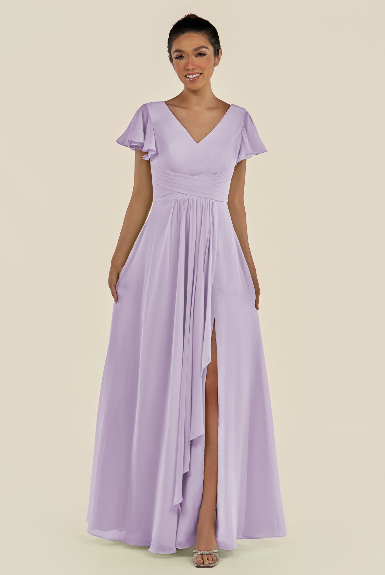 KissDress-Corin Lavender A Line Chiffon V Neck Long Bridesmaid Dress with Flutter Sleeves