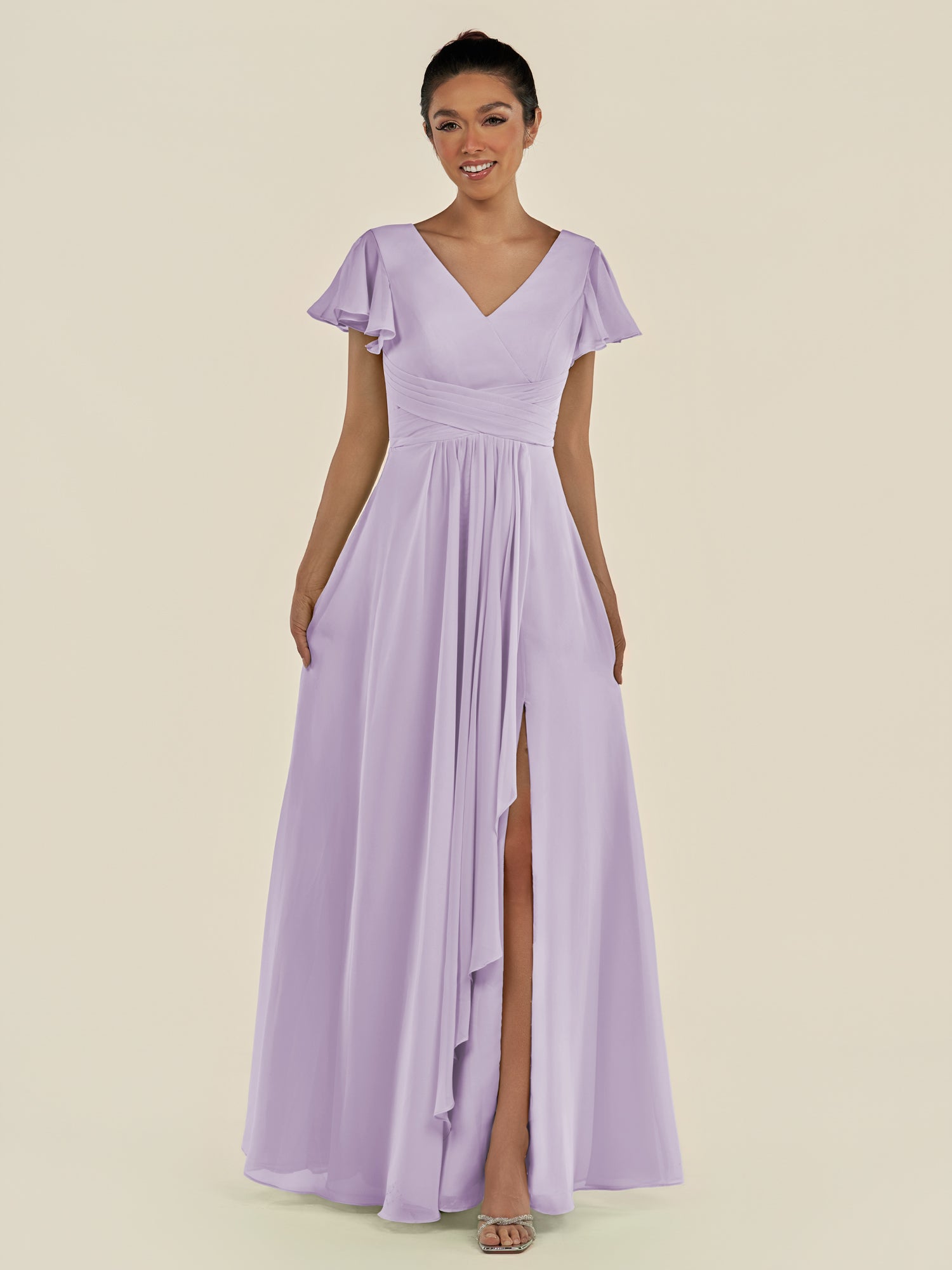 KissDress-Corin Lavender A Line Chiffon V Neck Long Bridesmaid Dress with Flutter Sleeves