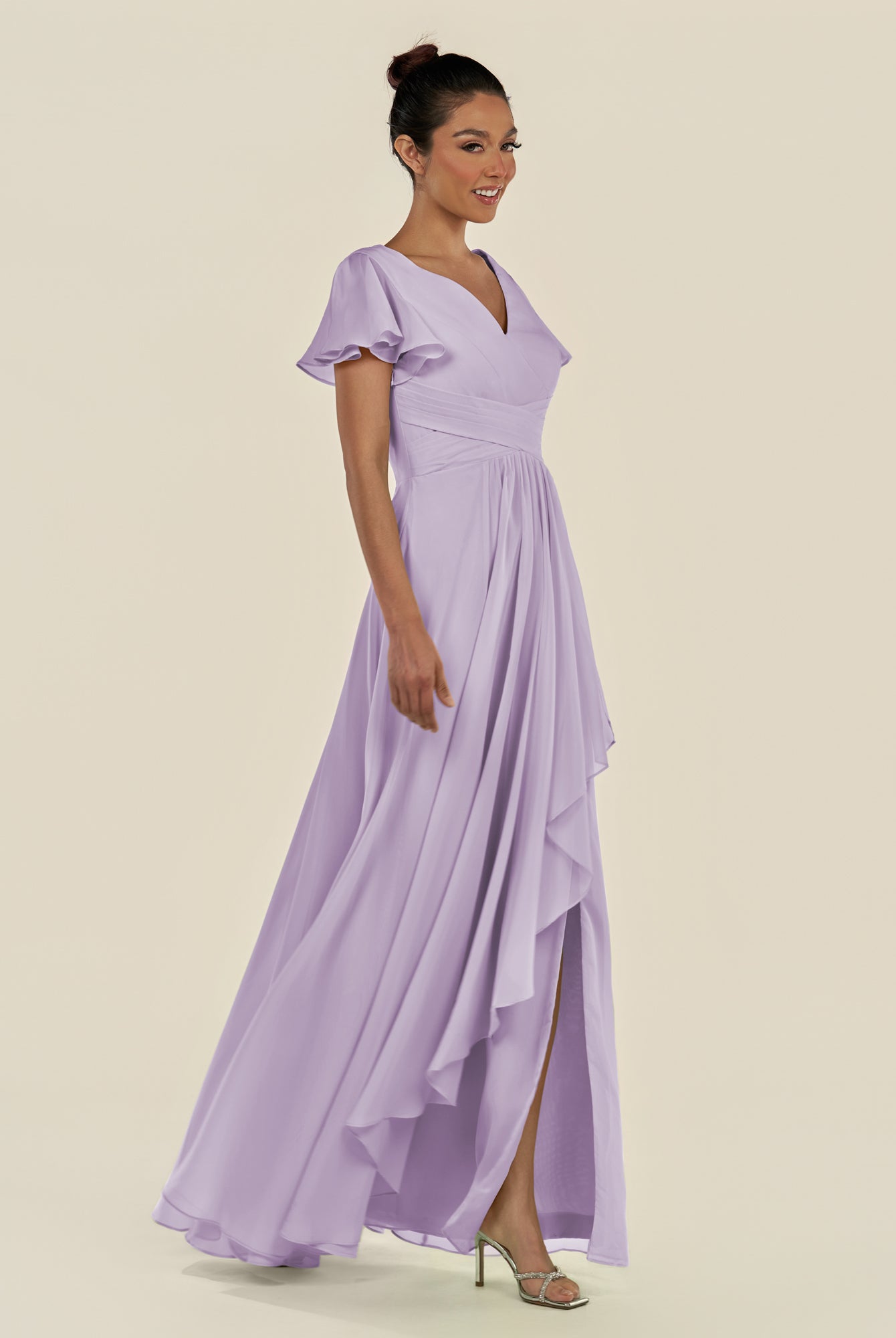 KissDress-Corin Lavender A Line Chiffon V Neck Long Bridesmaid Dress with Flutter Sleeves