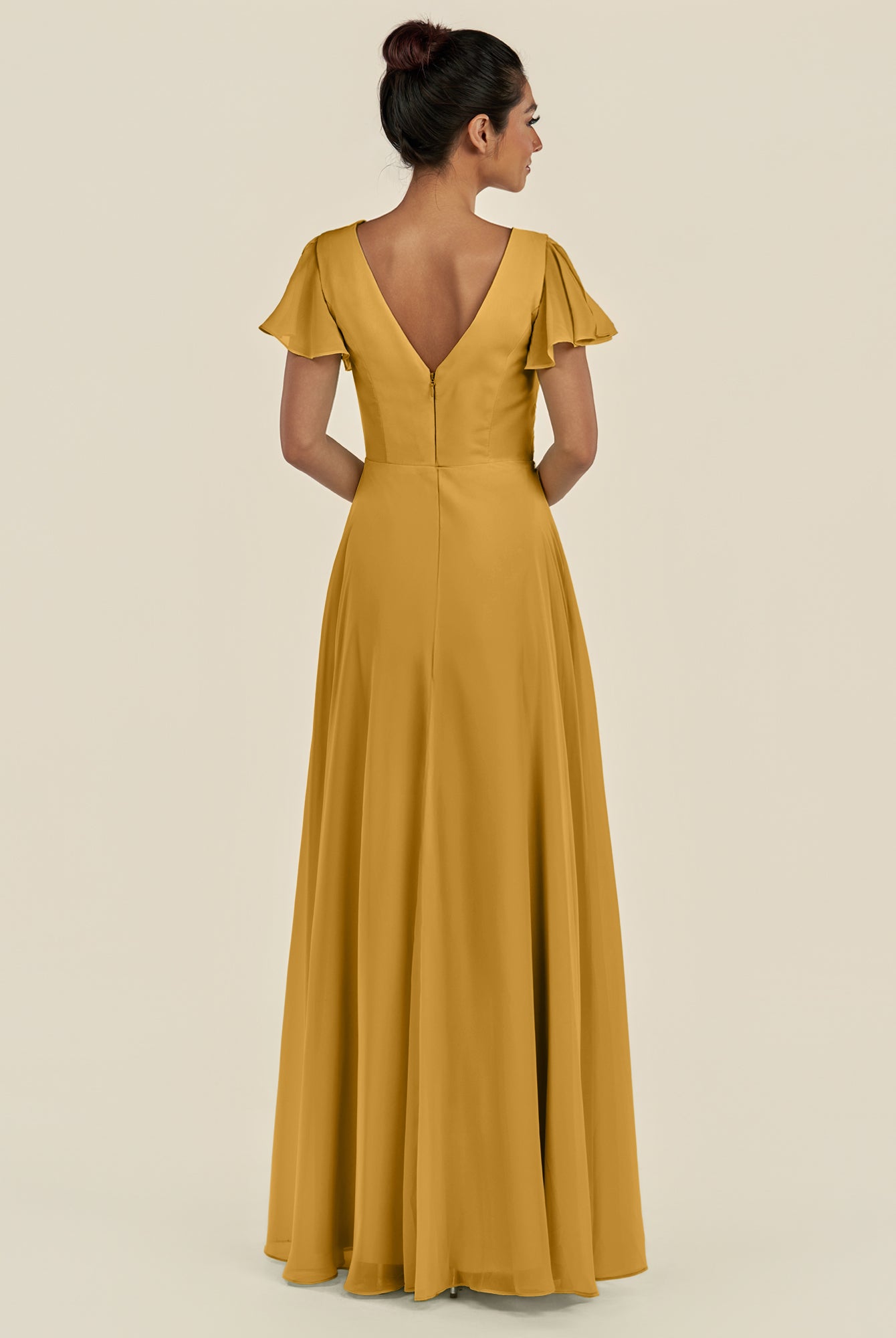 KissDress-Corin Marigold A Line Chiffon V Neck Long Bridesmaid Dress with Flutter Sleeves