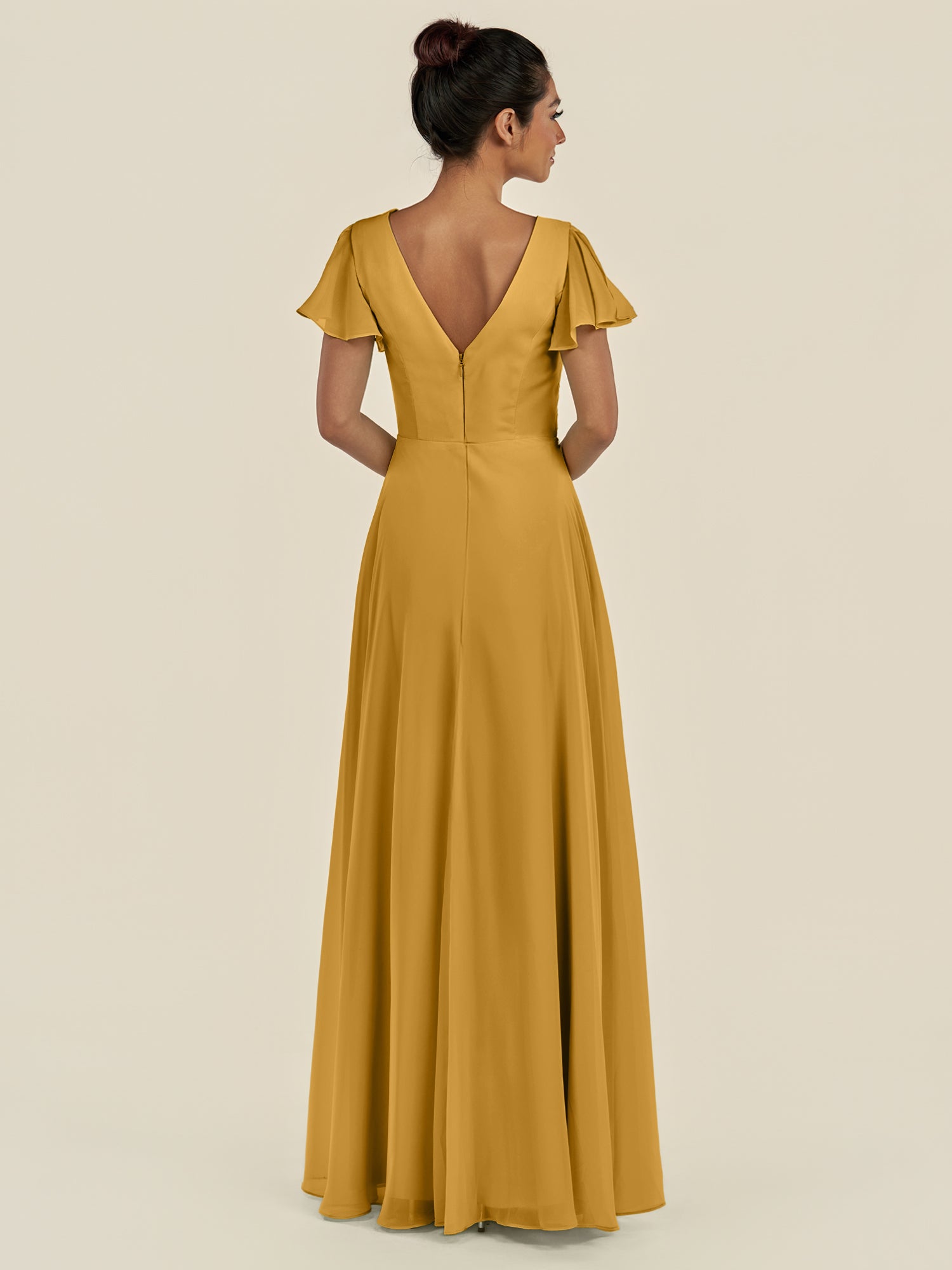 KissDress-Corin Marigold A Line Chiffon V Neck Long Bridesmaid Dress with Flutter Sleeves
