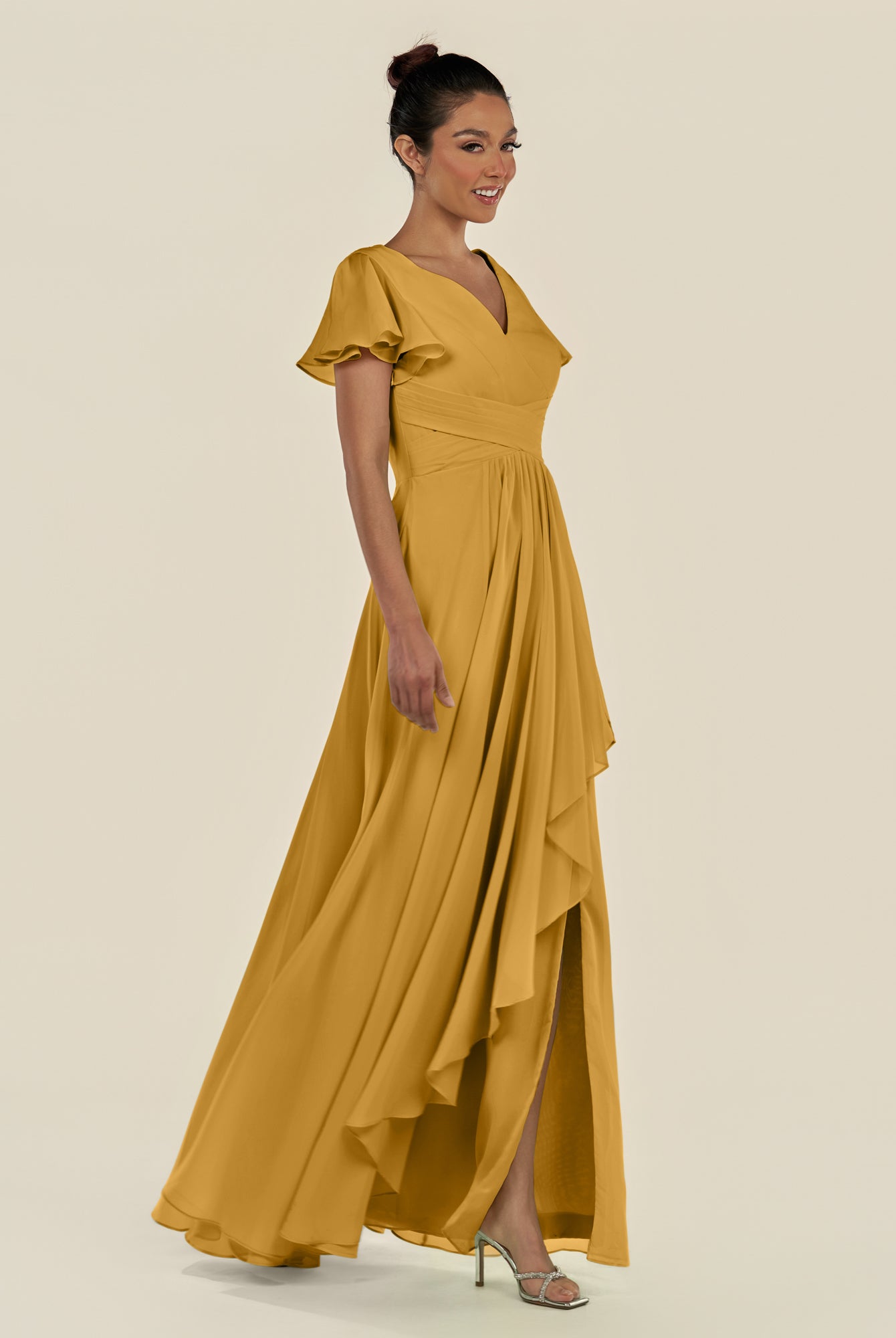 KissDress-Corin Marigold A Line Chiffon V Neck Long Bridesmaid Dress with Flutter Sleeves