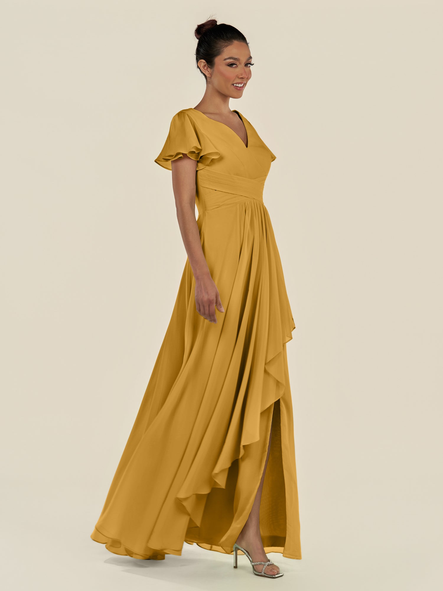 KissDress-Corin Marigold A Line Chiffon V Neck Long Bridesmaid Dress with Flutter Sleeves