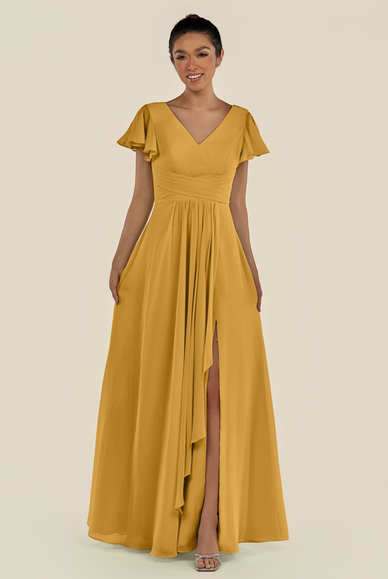 KissDress-Corin Marigold A Line Chiffon V Neck Long Bridesmaid Dress with Flutter Sleeves