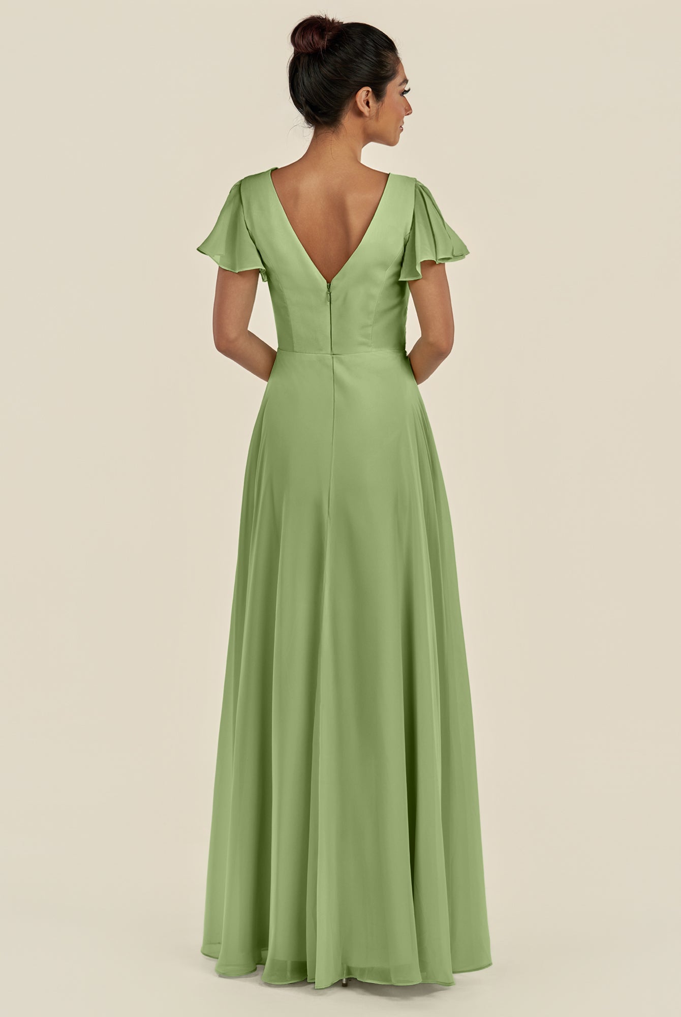 KissDress-Corin Matcha A Line Chiffon V Neck Long Bridesmaid Dress with Flutter Sleeves