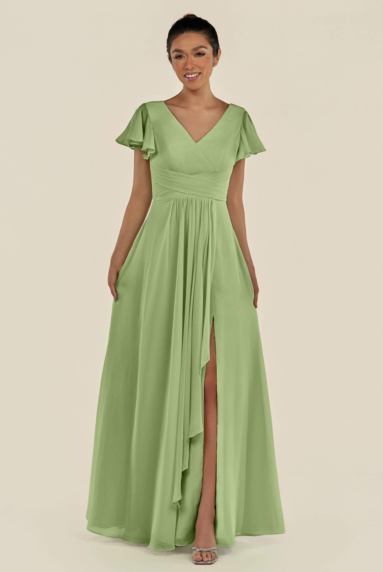 KissDress-Corin Matcha A Line Chiffon V Neck Long Bridesmaid Dress with Flutter Sleeves