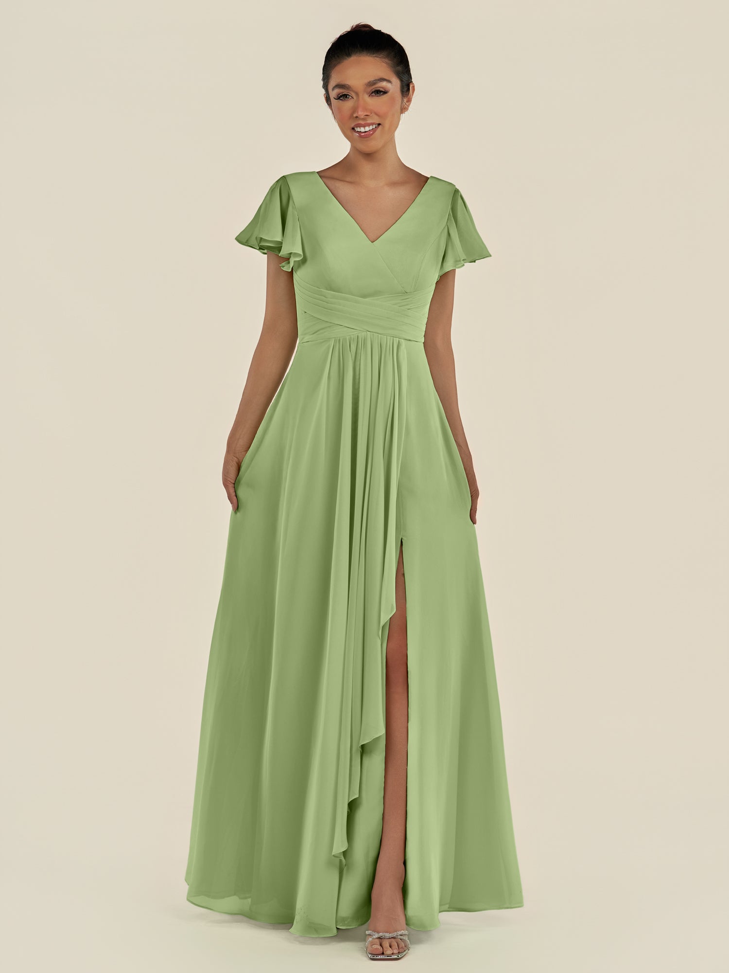 KissDress-Corin Matcha A Line Chiffon V Neck Long Bridesmaid Dress with Flutter Sleeves