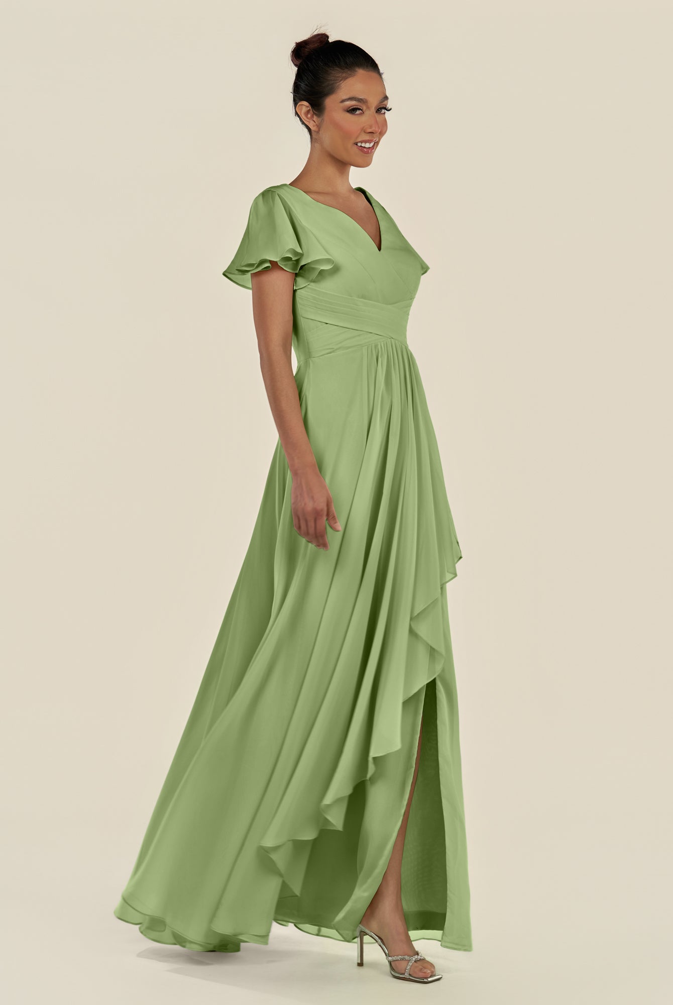 KissDress-Corin Matcha A Line Chiffon V Neck Long Bridesmaid Dress with Flutter Sleeves