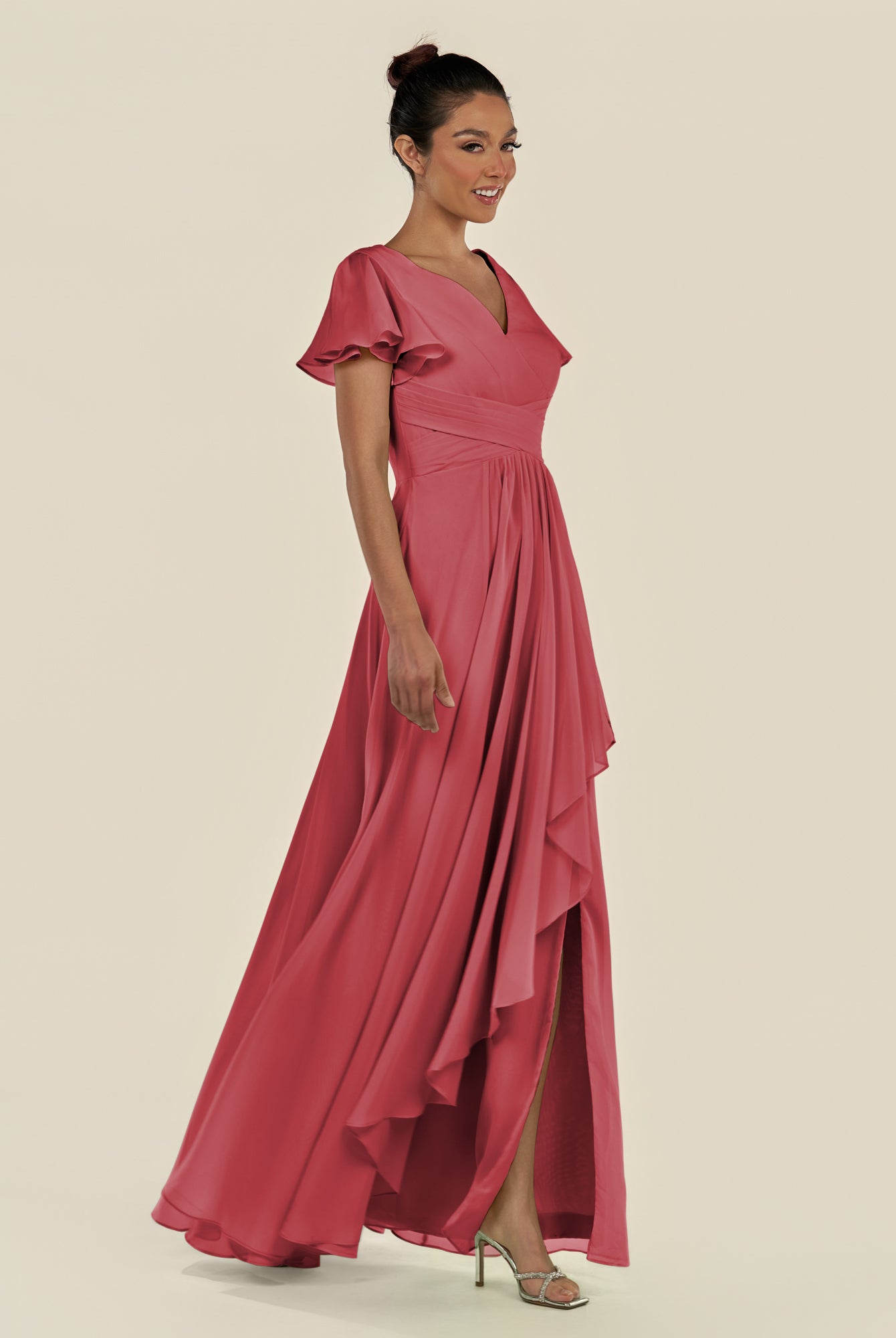 KissDress-Corin Merlot A Line Chiffon V Neck Long Bridesmaid Dress with Flutter Sleeves
