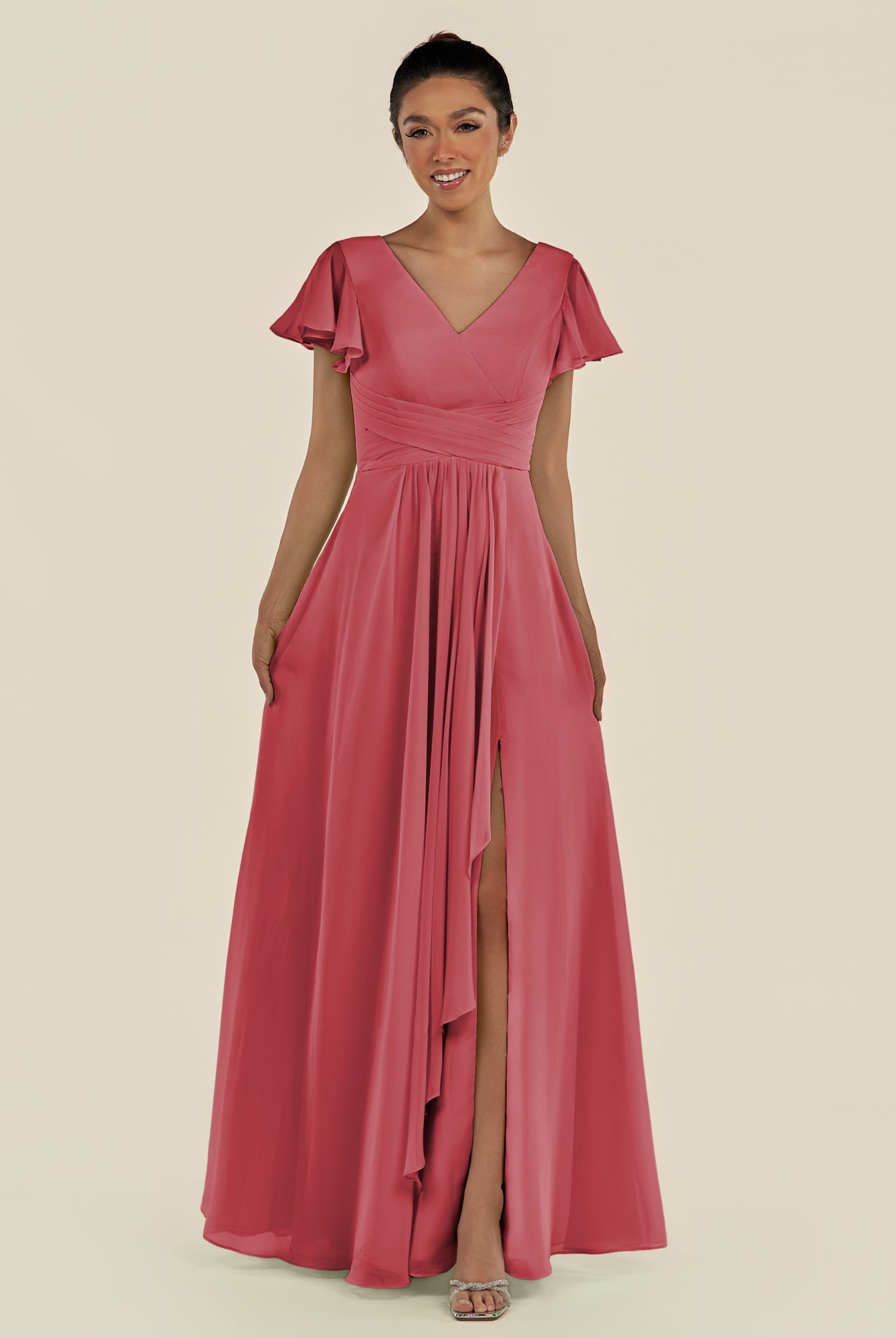 KissDress-Corin Merlot A Line Chiffon V Neck Long Bridesmaid Dress with Flutter Sleeves