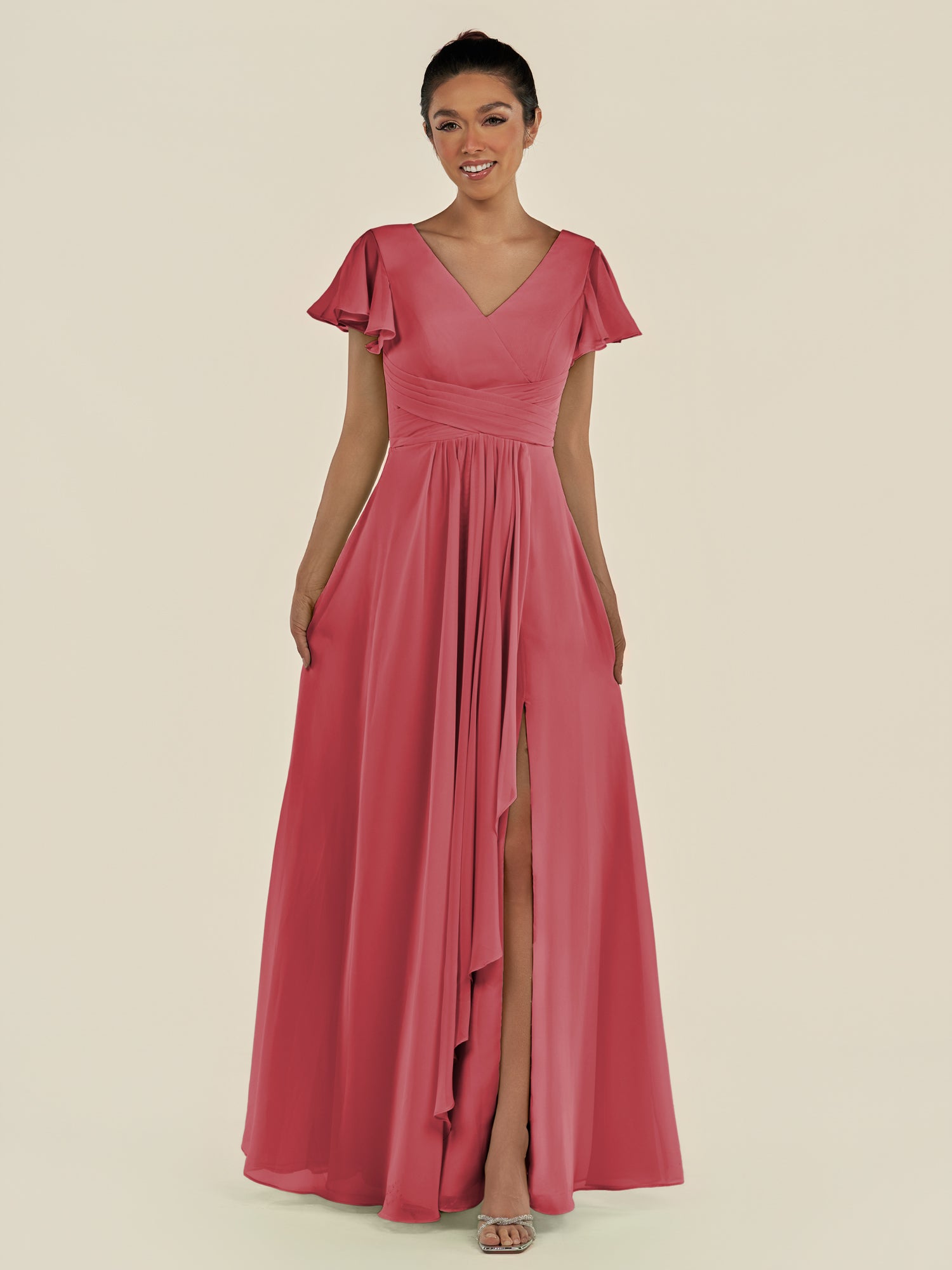 KissDress-Corin Merlot A Line Chiffon V Neck Long Bridesmaid Dress with Flutter Sleeves