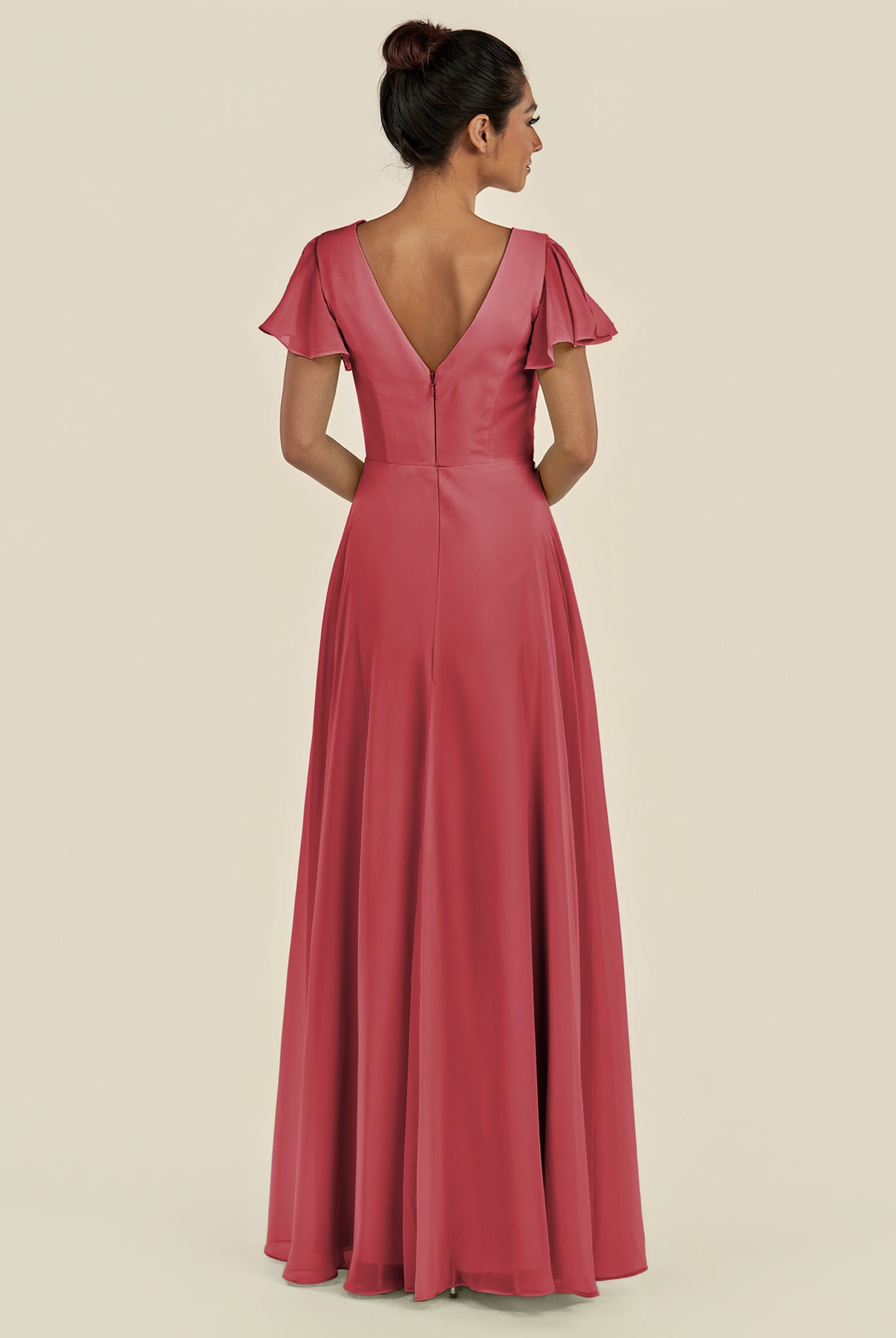 KissDress-Corin Merlot A Line Chiffon V Neck Long Bridesmaid Dress with Flutter Sleeves