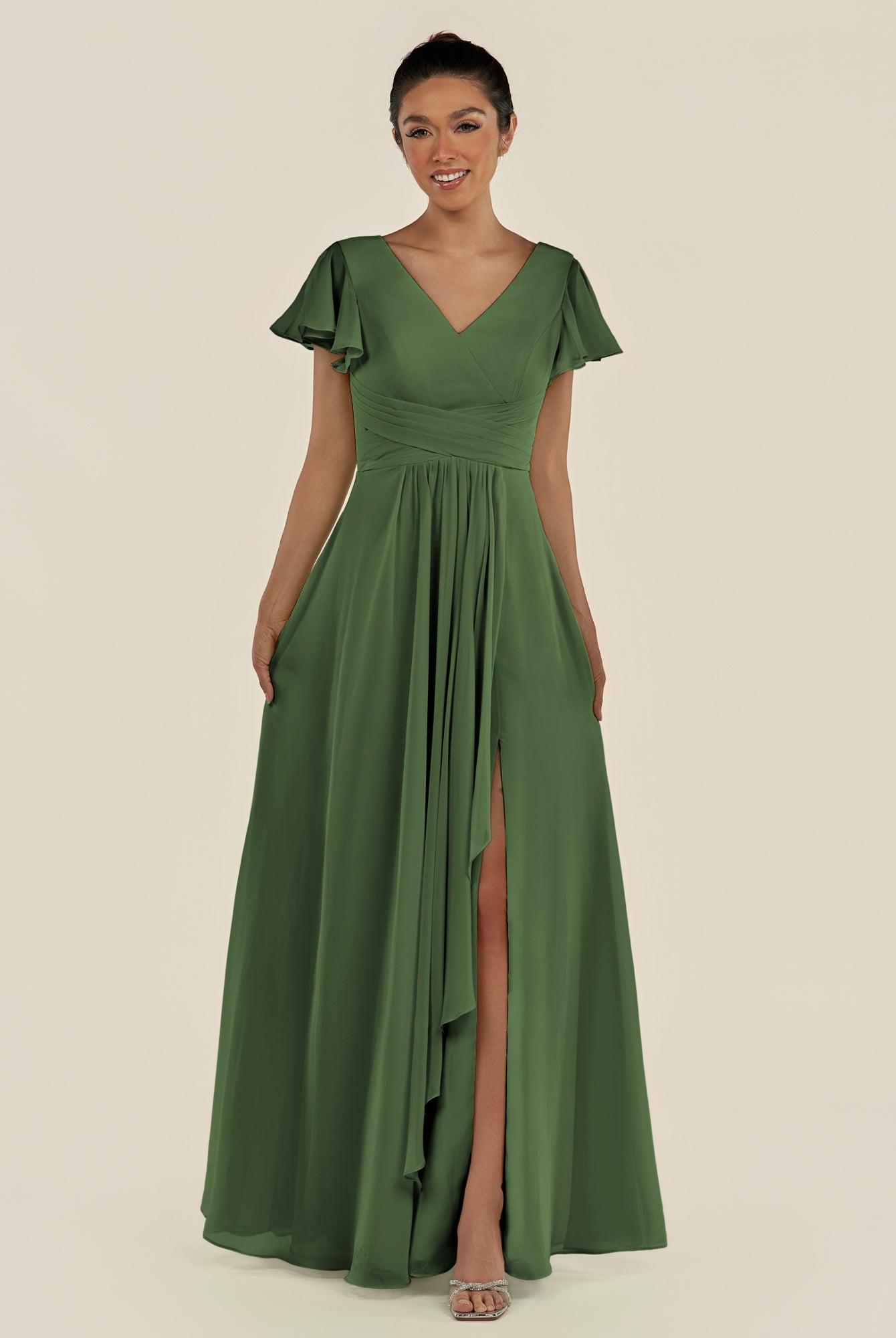 KissDress-Corin Moss A Line Chiffon V Neck Long Bridesmaid Dress with Flutter Sleeves