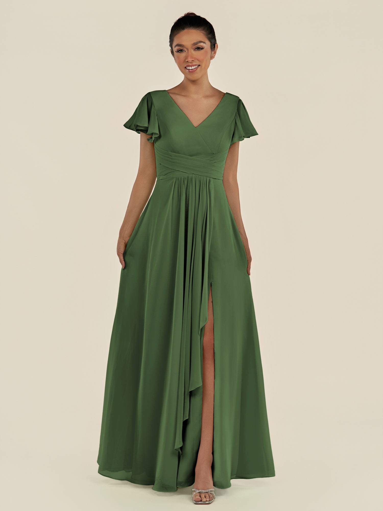 KissDress-Corin Moss A Line Chiffon V Neck Long Bridesmaid Dress with Flutter Sleeves