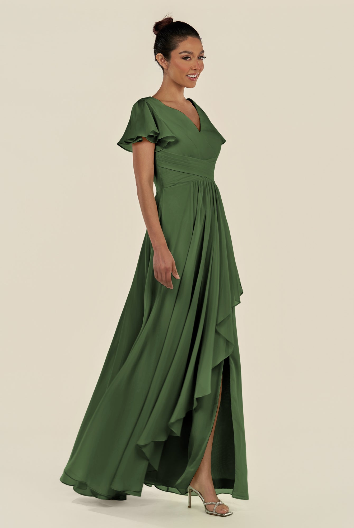 KissDress-Corin Moss A Line Chiffon V Neck Long Bridesmaid Dress with Flutter Sleeves