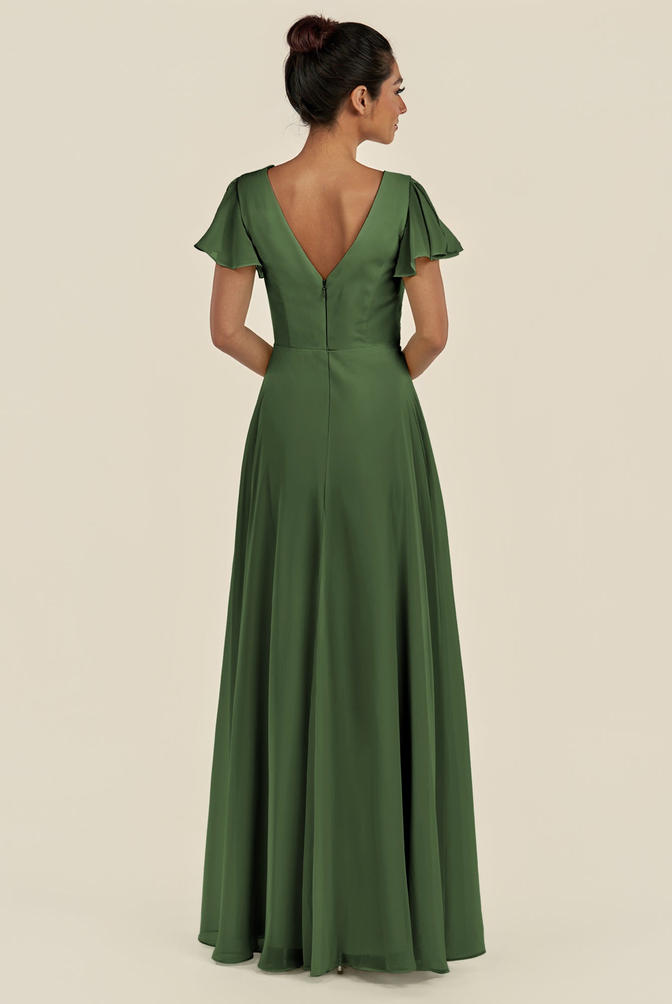 KissDress-Corin Moss A Line Chiffon V Neck Long Bridesmaid Dress with Flutter Sleeves