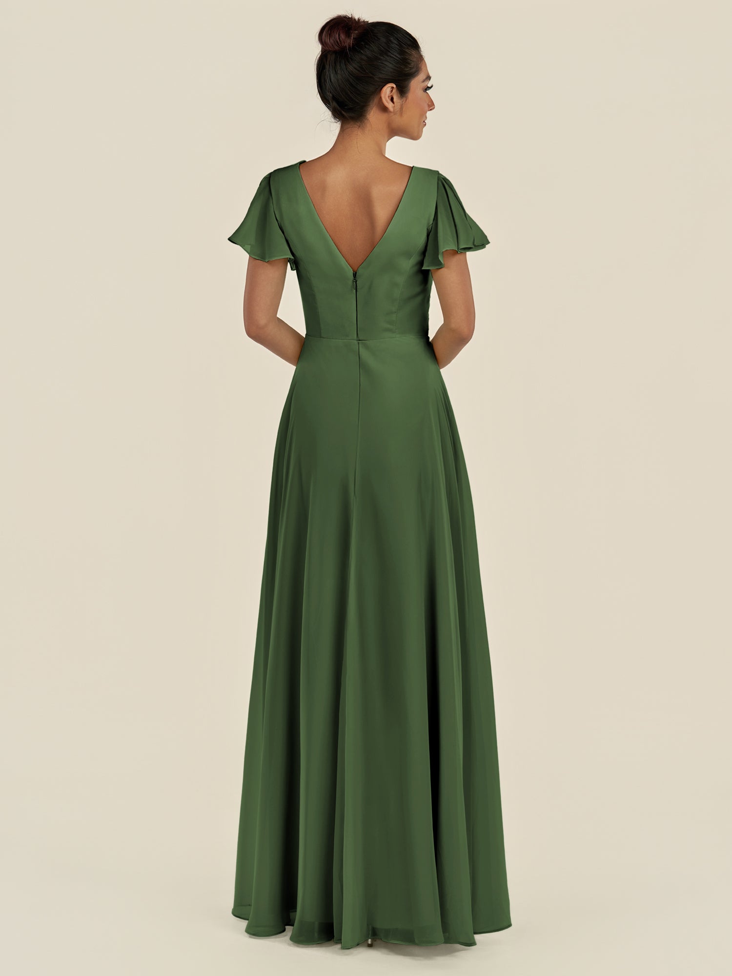 KissDress-Corin Moss A Line Chiffon V Neck Long Bridesmaid Dress with Flutter Sleeves