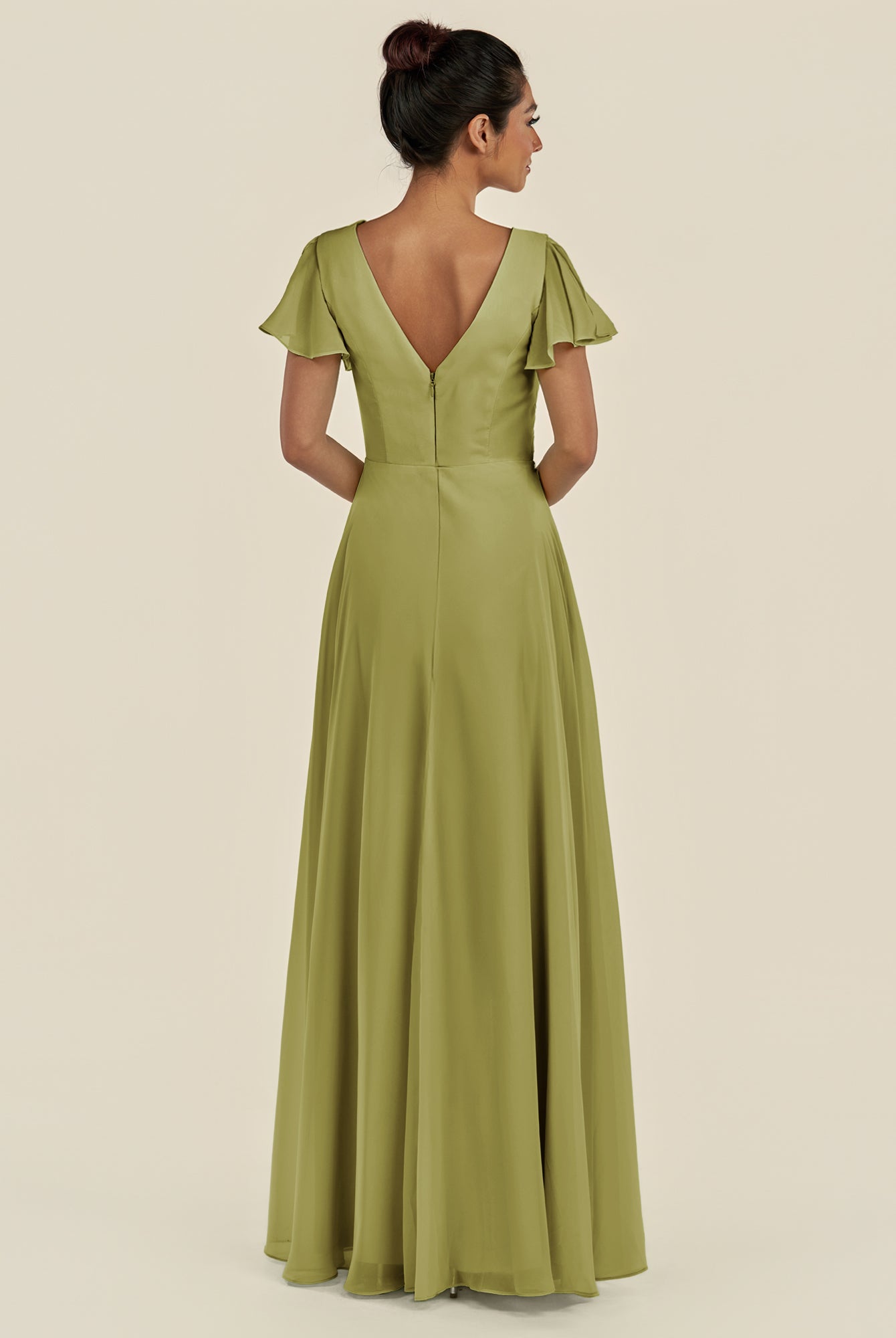 KissDress-Corin Moss Green A Line Chiffon V Neck Long Bridesmaid Dress with Flutter Sleeves