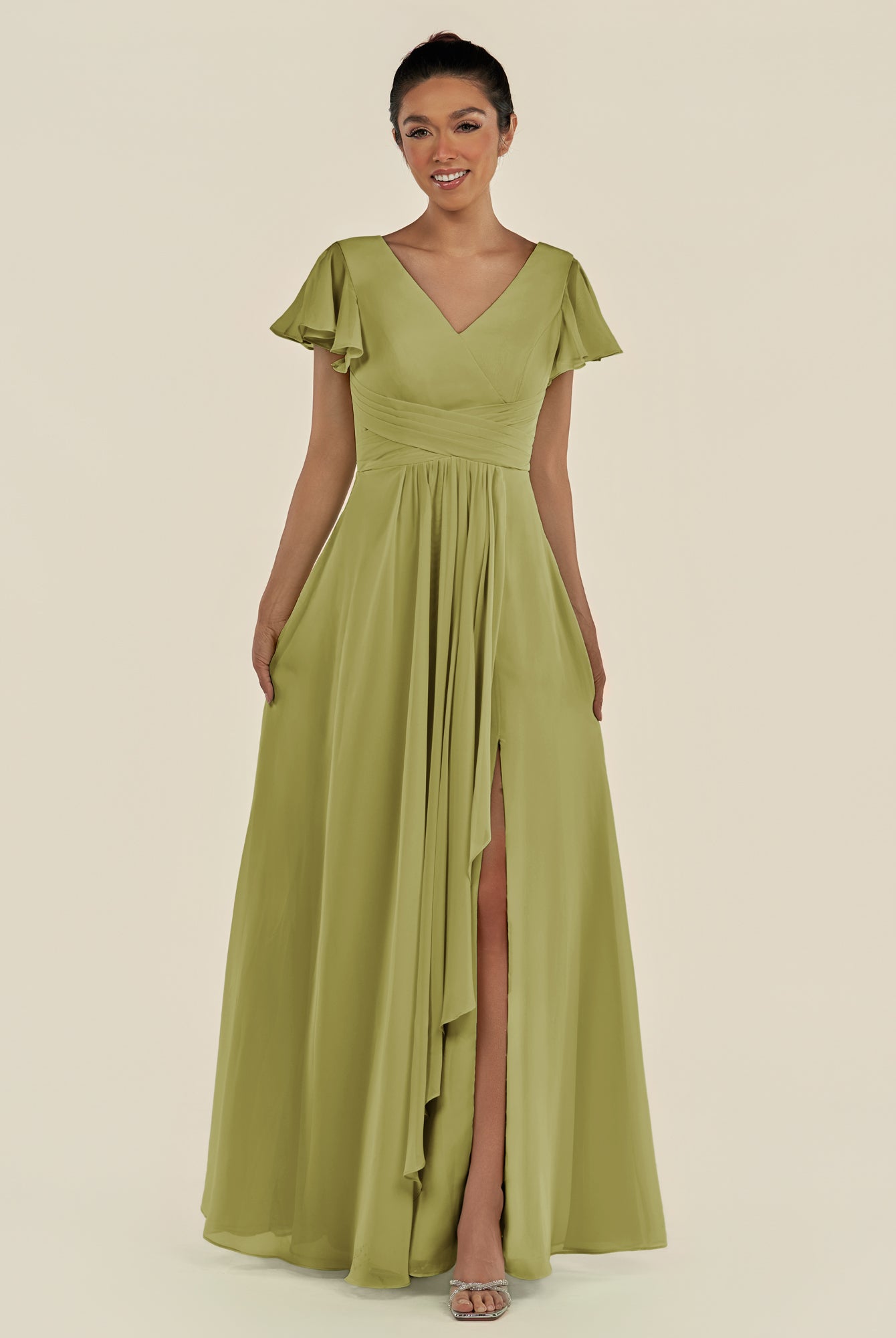 KissDress-Corin Moss Green A Line Chiffon V Neck Long Bridesmaid Dress with Flutter Sleeves