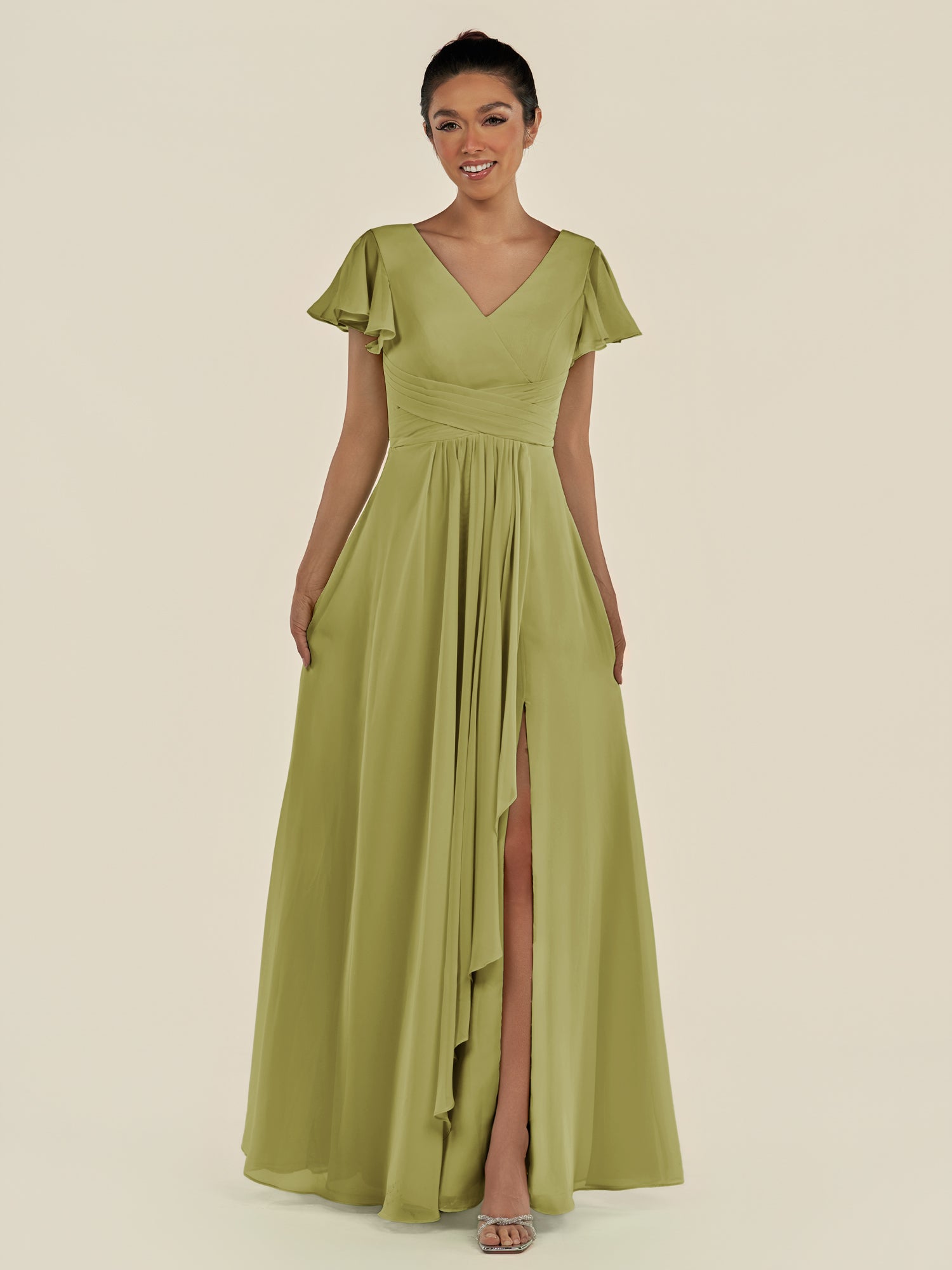 KissDress-Corin Moss Green A Line Chiffon V Neck Long Bridesmaid Dress with Flutter Sleeves