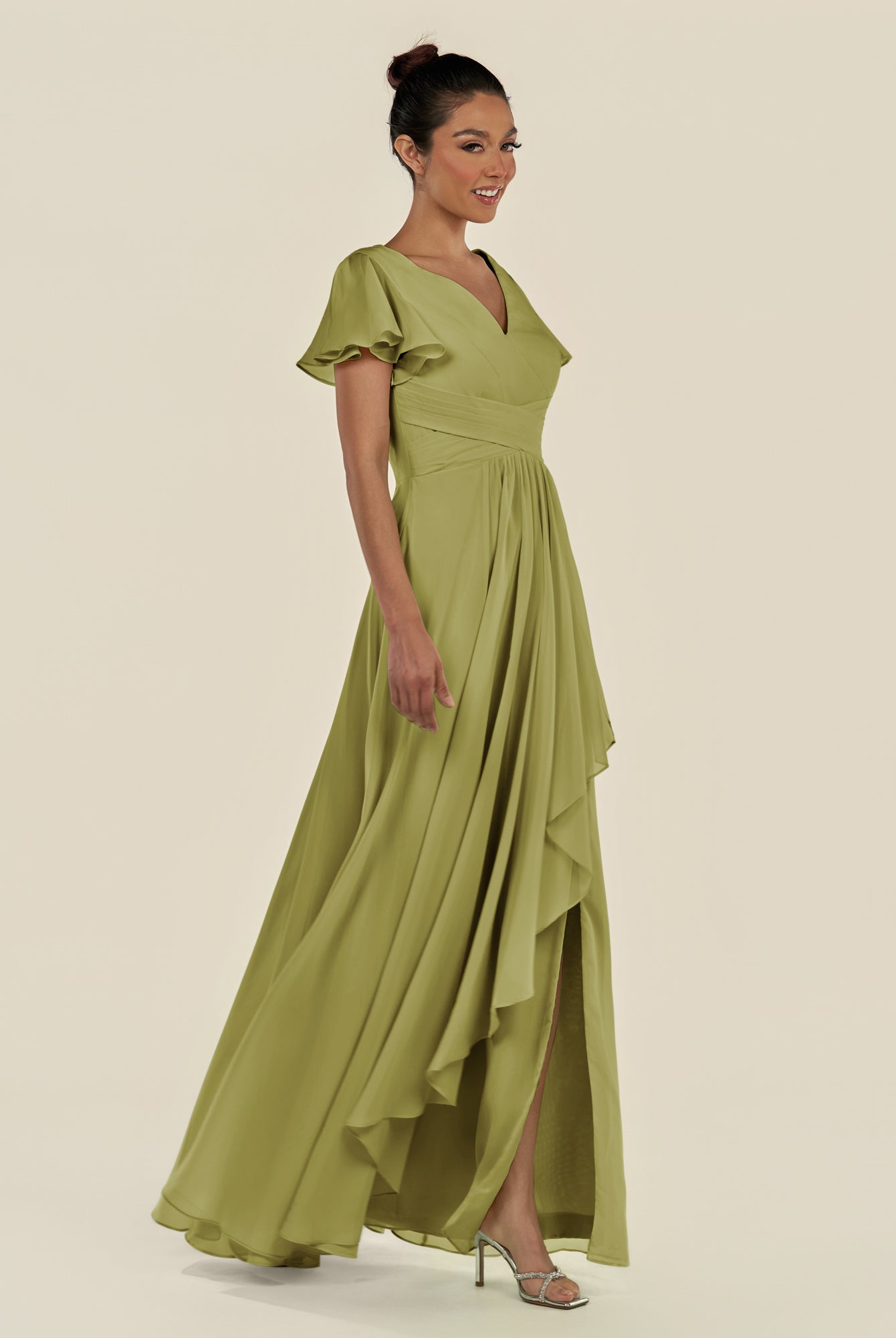 KissDress-Corin Moss Green A Line Chiffon V Neck Long Bridesmaid Dress with Flutter Sleeves