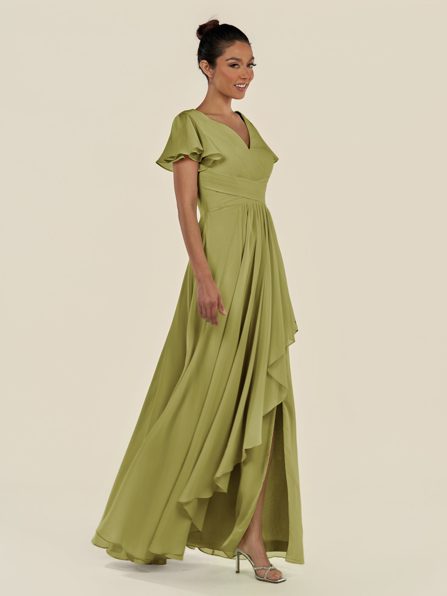 KissDress-Corin Moss Green A Line Chiffon V Neck Long Bridesmaid Dress with Flutter Sleeves