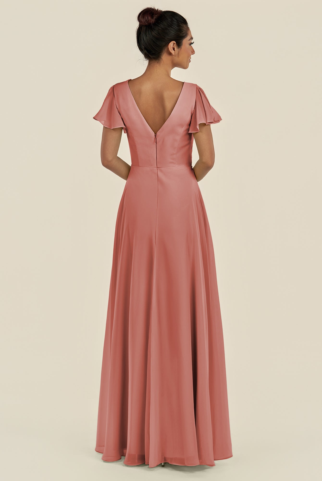 KissDress-Corin Mulberry A Line Chiffon V Neck Long Bridesmaid Dress with Flutter Sleeves