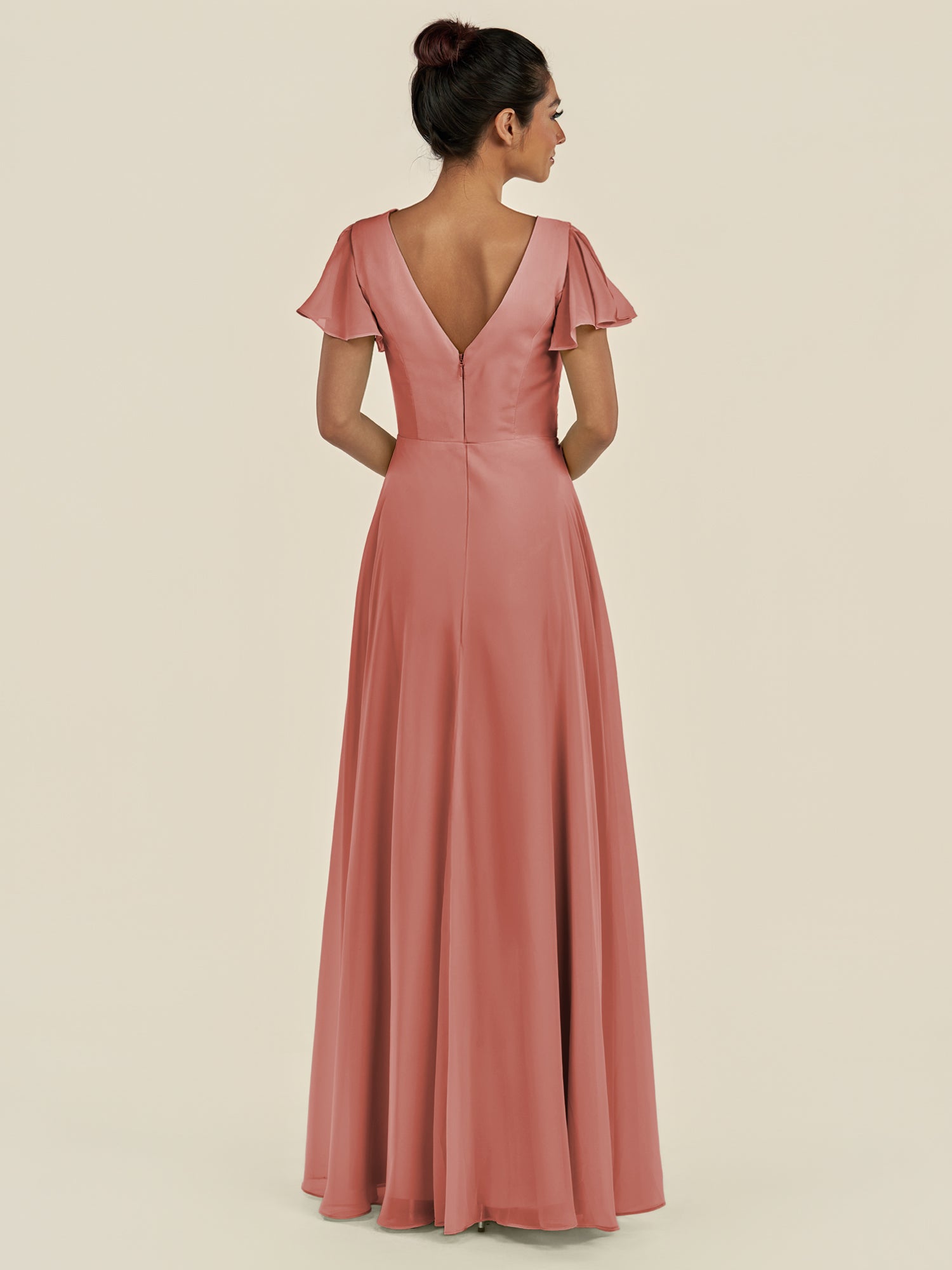 KissDress-Corin Mulberry A Line Chiffon V Neck Long Bridesmaid Dress with Flutter Sleeves