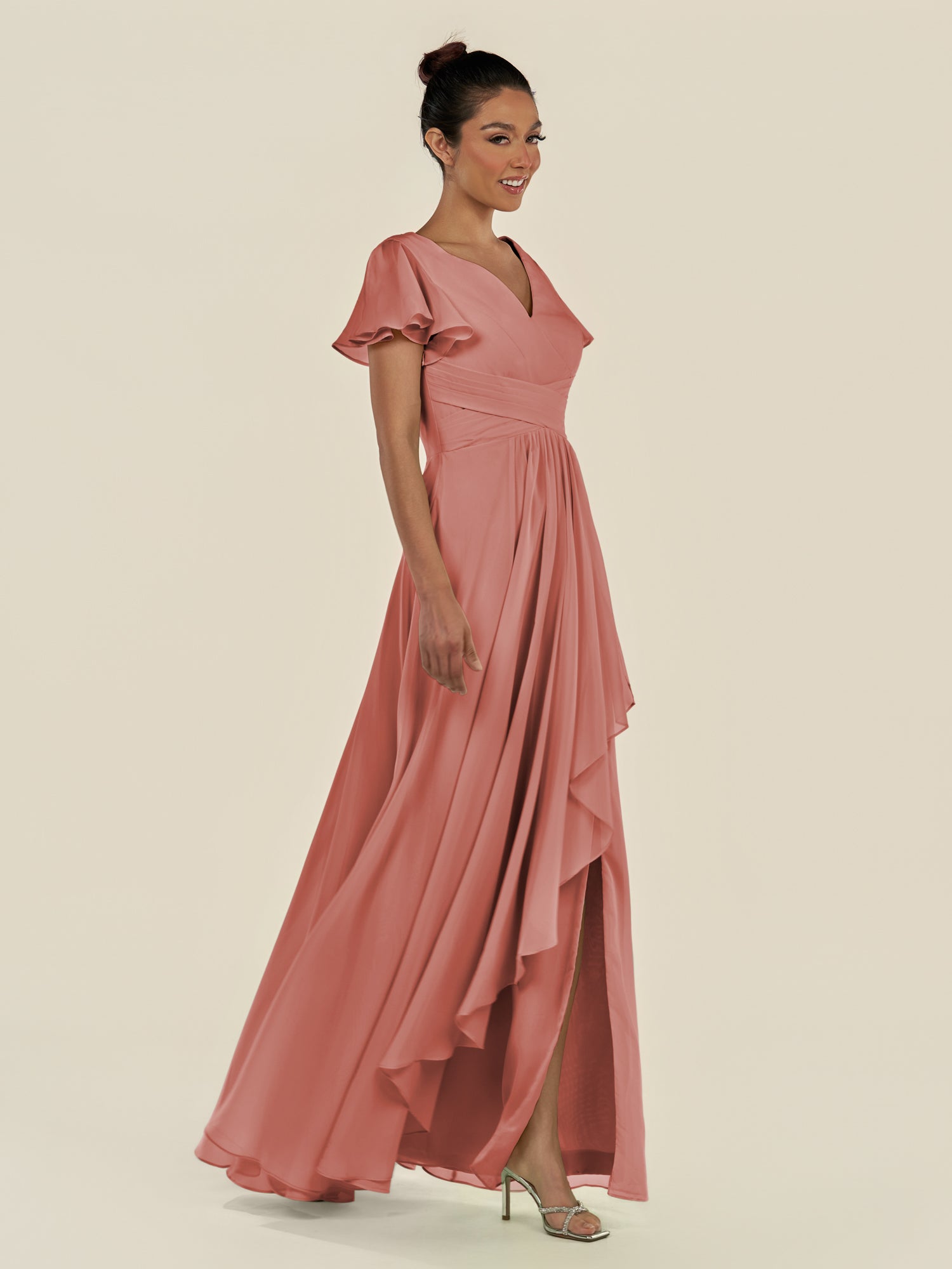 KissDress-Corin Mulberry A Line Chiffon V Neck Long Bridesmaid Dress with Flutter Sleeves