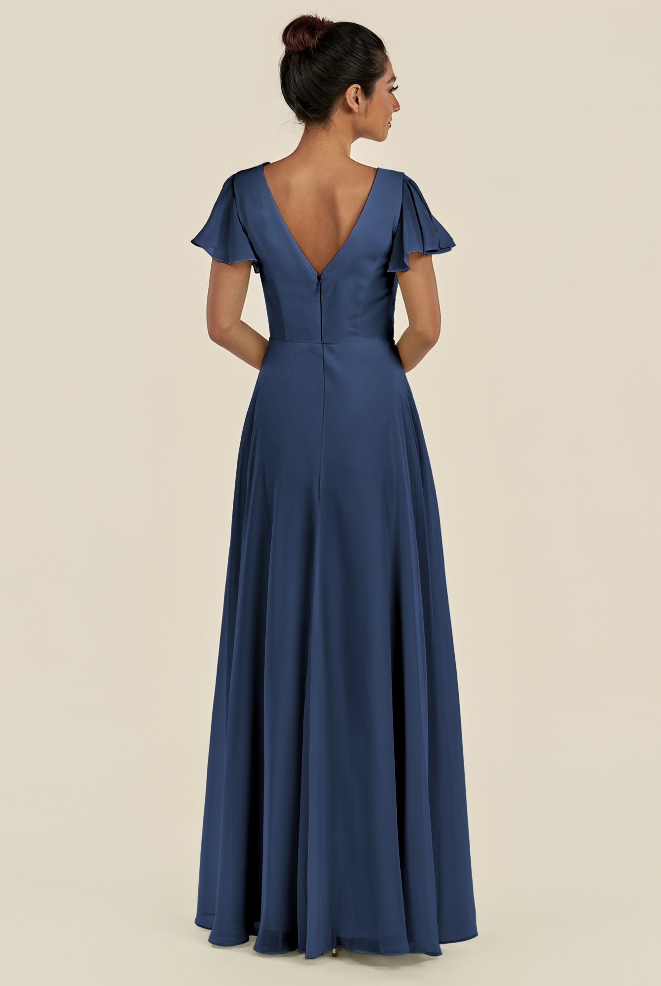 KissDress-Corin Navy A Line Chiffon V Neck Long Bridesmaid Dress with Flutter Sleeves