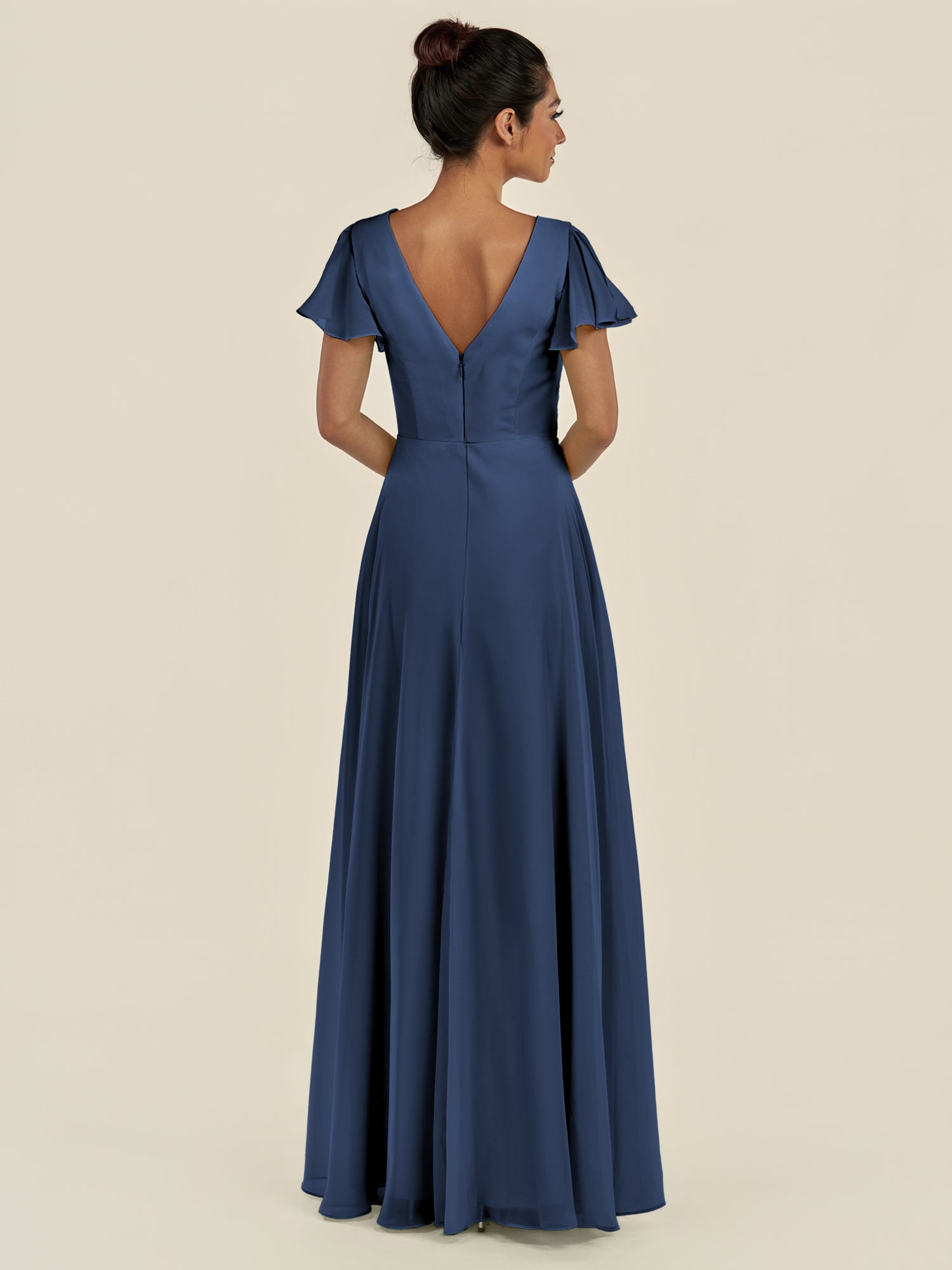 KissDress-Corin Navy A Line Chiffon V Neck Long Bridesmaid Dress with Flutter Sleeves