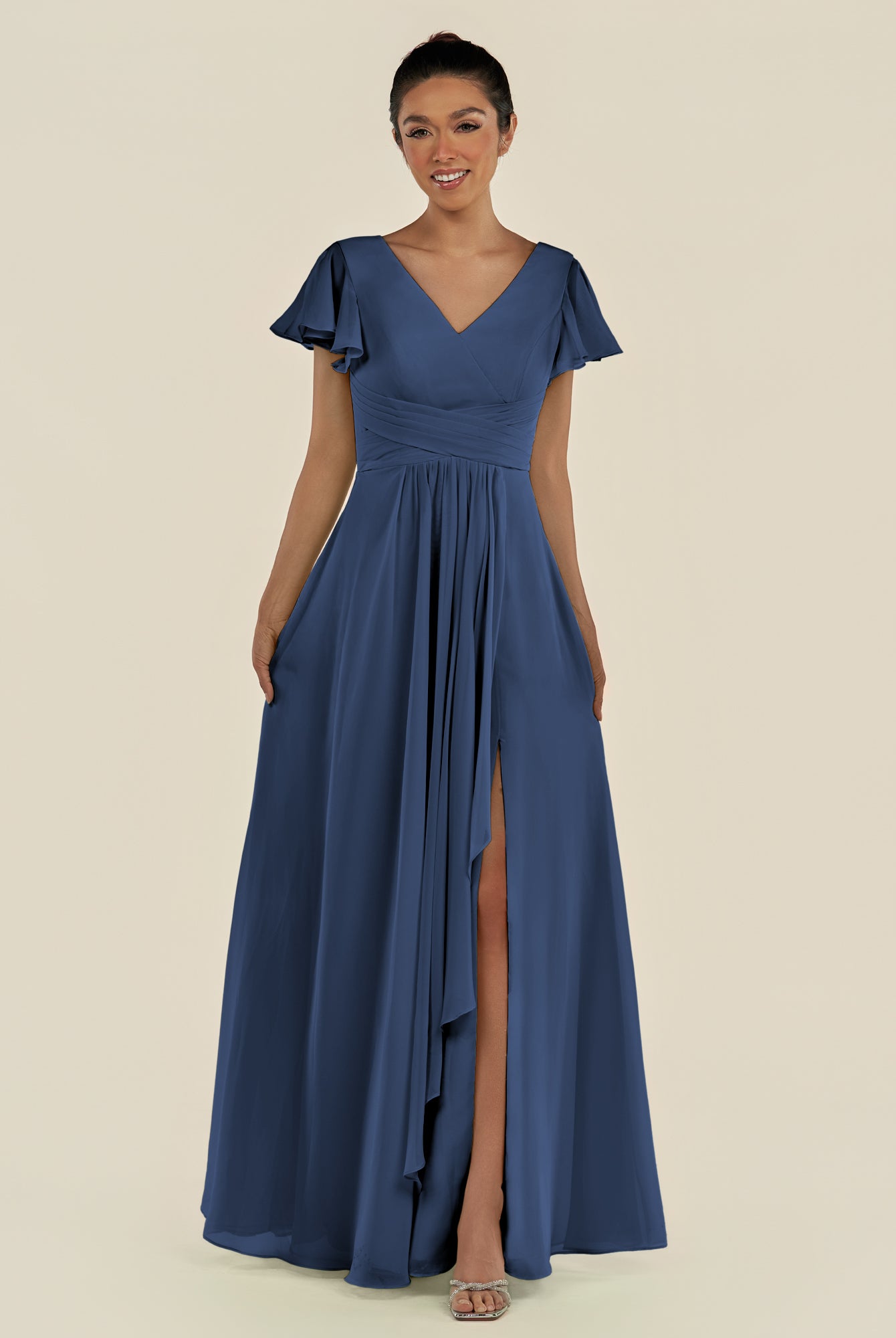 KissDress-Corin Navy A Line Chiffon V Neck Long Bridesmaid Dress with Flutter Sleeves
