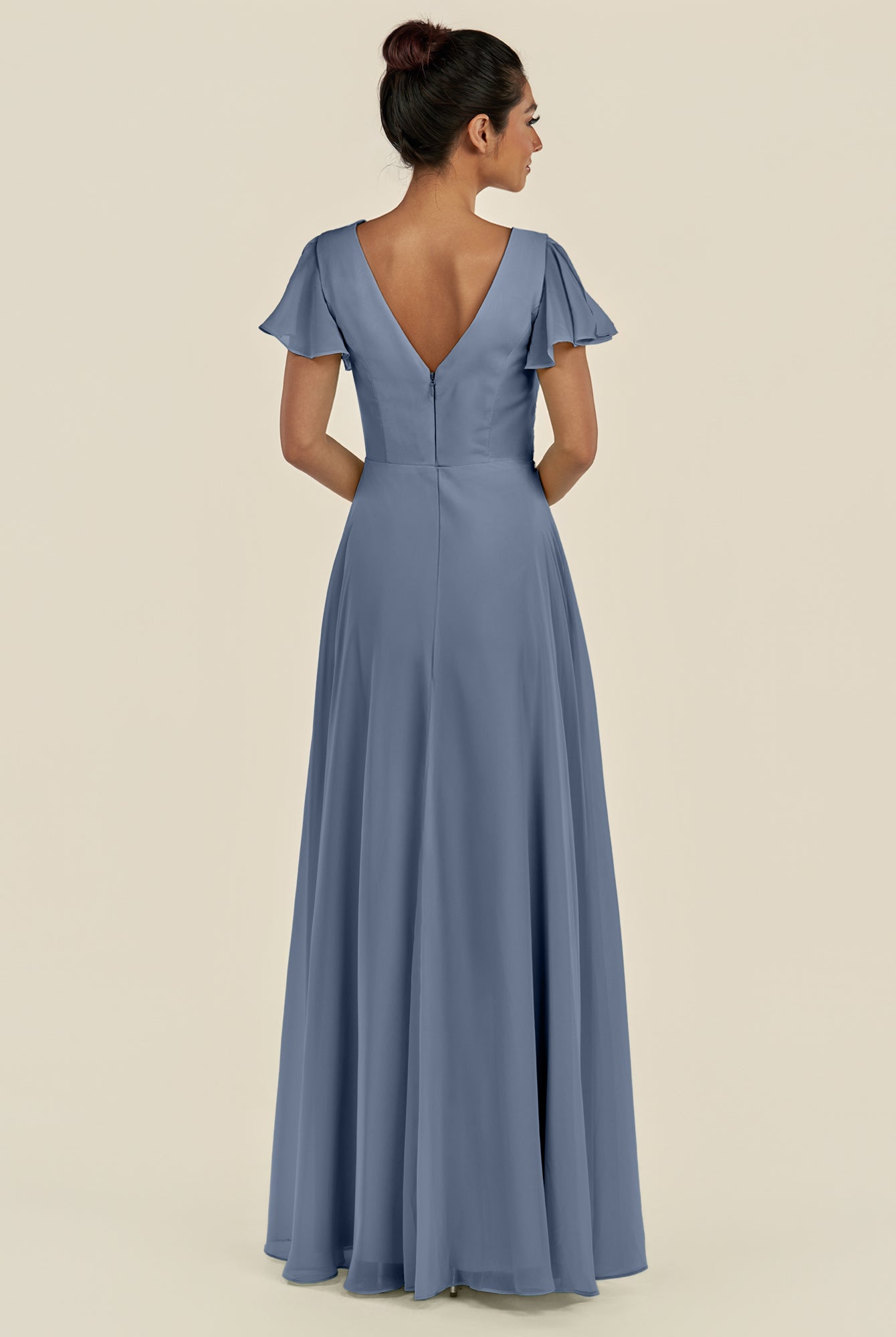 KissDress-Corin Neptune A Line Chiffon V Neck Long Bridesmaid Dress with Flutter Sleeves