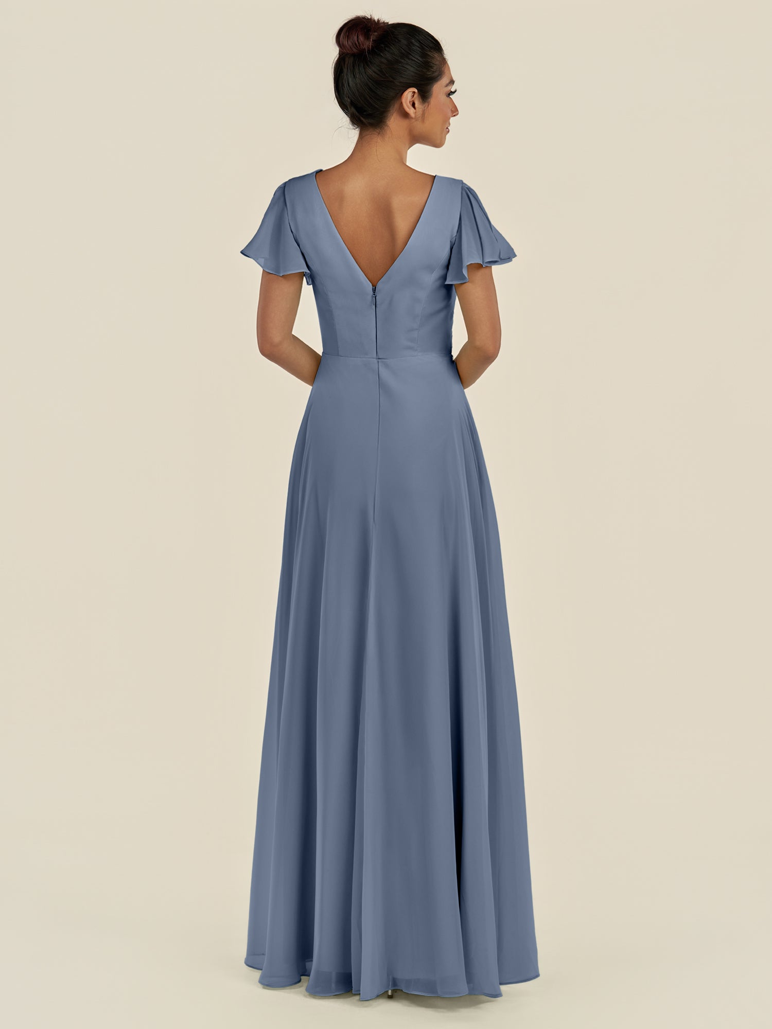 KissDress-Corin Neptune A Line Chiffon V Neck Long Bridesmaid Dress with Flutter Sleeves