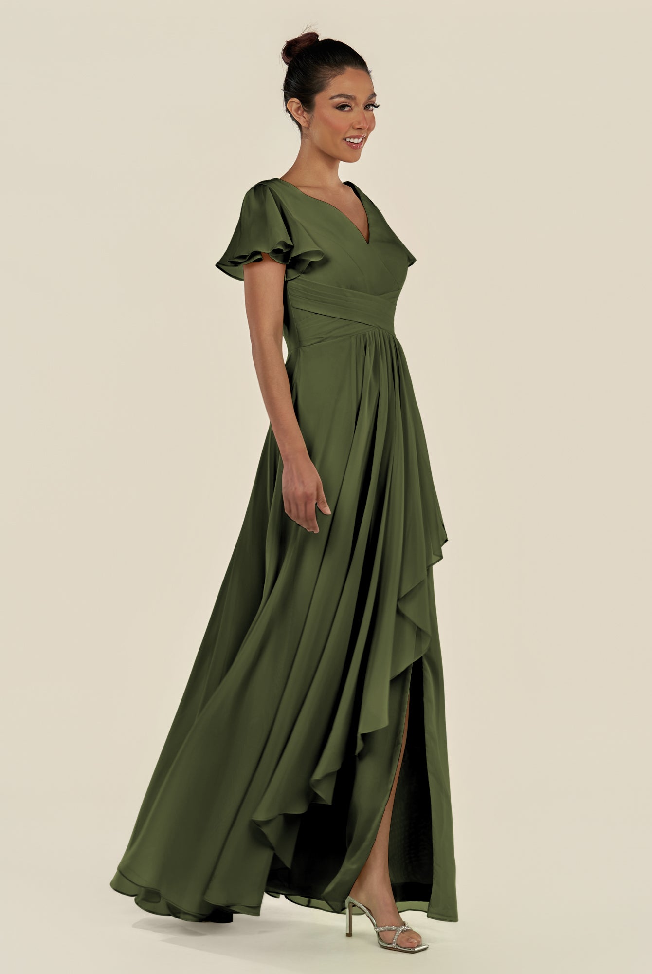 KissDress-Corin Olive A Line Chiffon V Neck Long Bridesmaid Dress with Flutter Sleeves