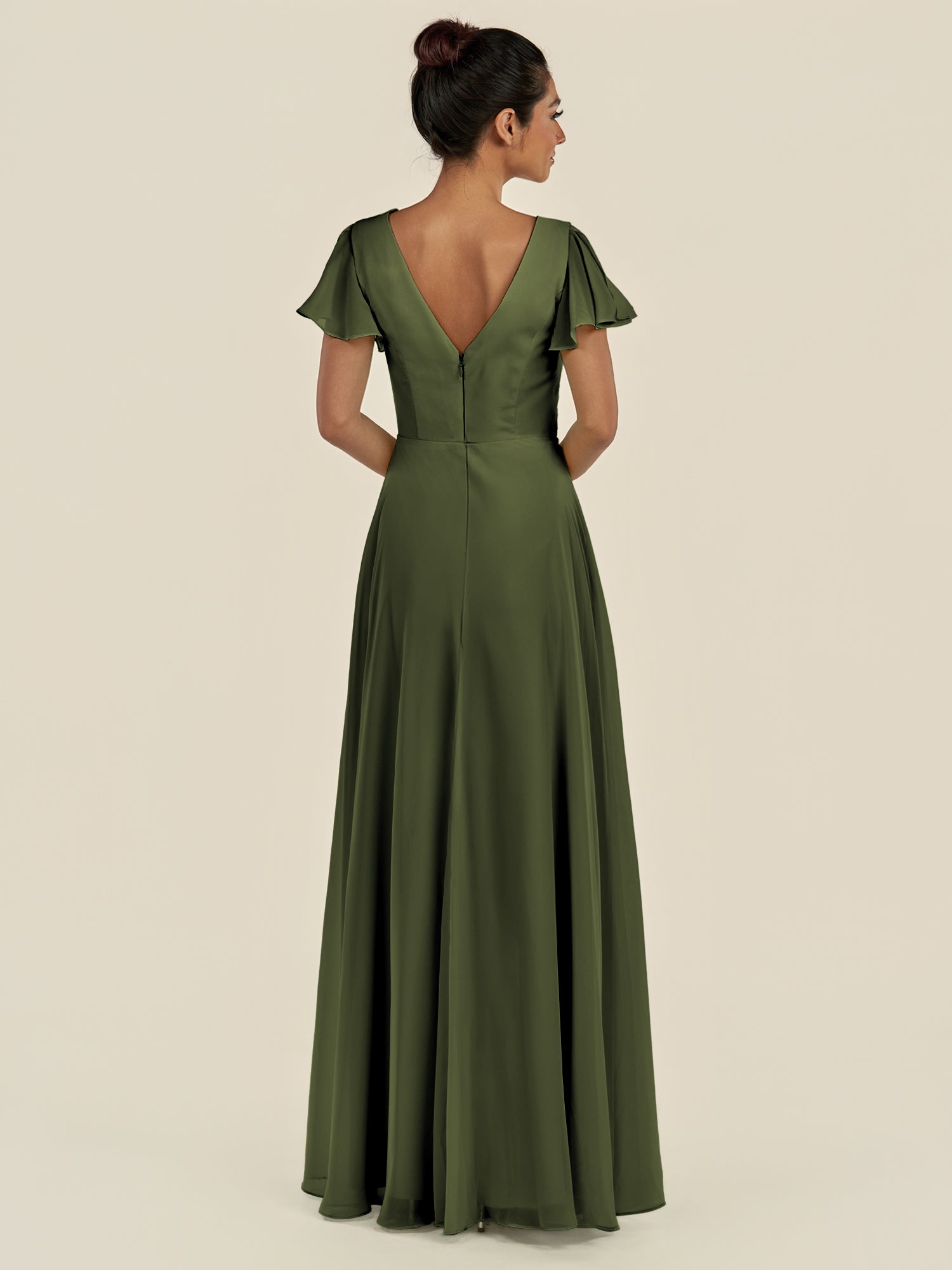 KissDress-Corin Olive A Line Chiffon V Neck Long Bridesmaid Dress with Flutter Sleeves