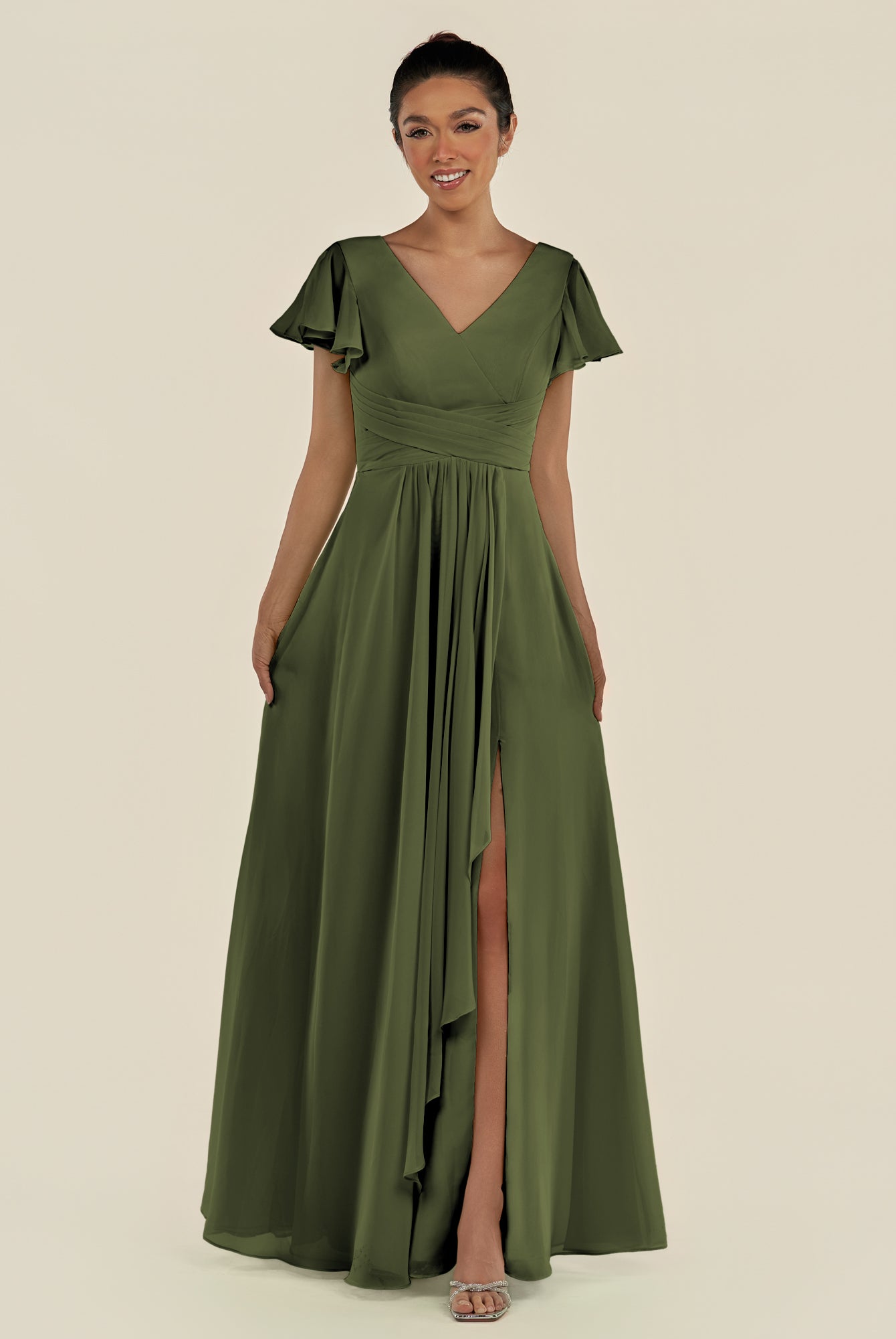 KissDress-Corin Olive A Line Chiffon V Neck Long Bridesmaid Dress with Flutter Sleeves