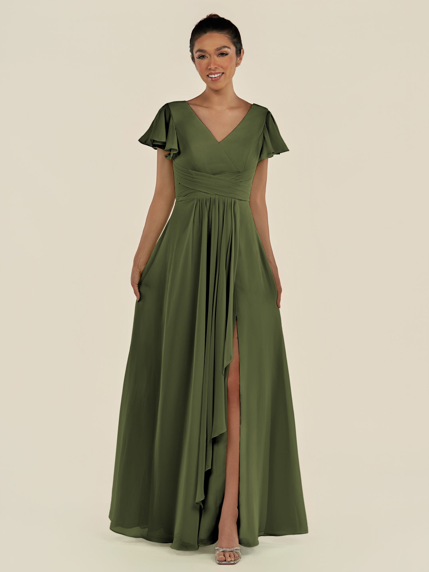 KissDress-Corin Olive A Line Chiffon V Neck Long Bridesmaid Dress with Flutter Sleeves