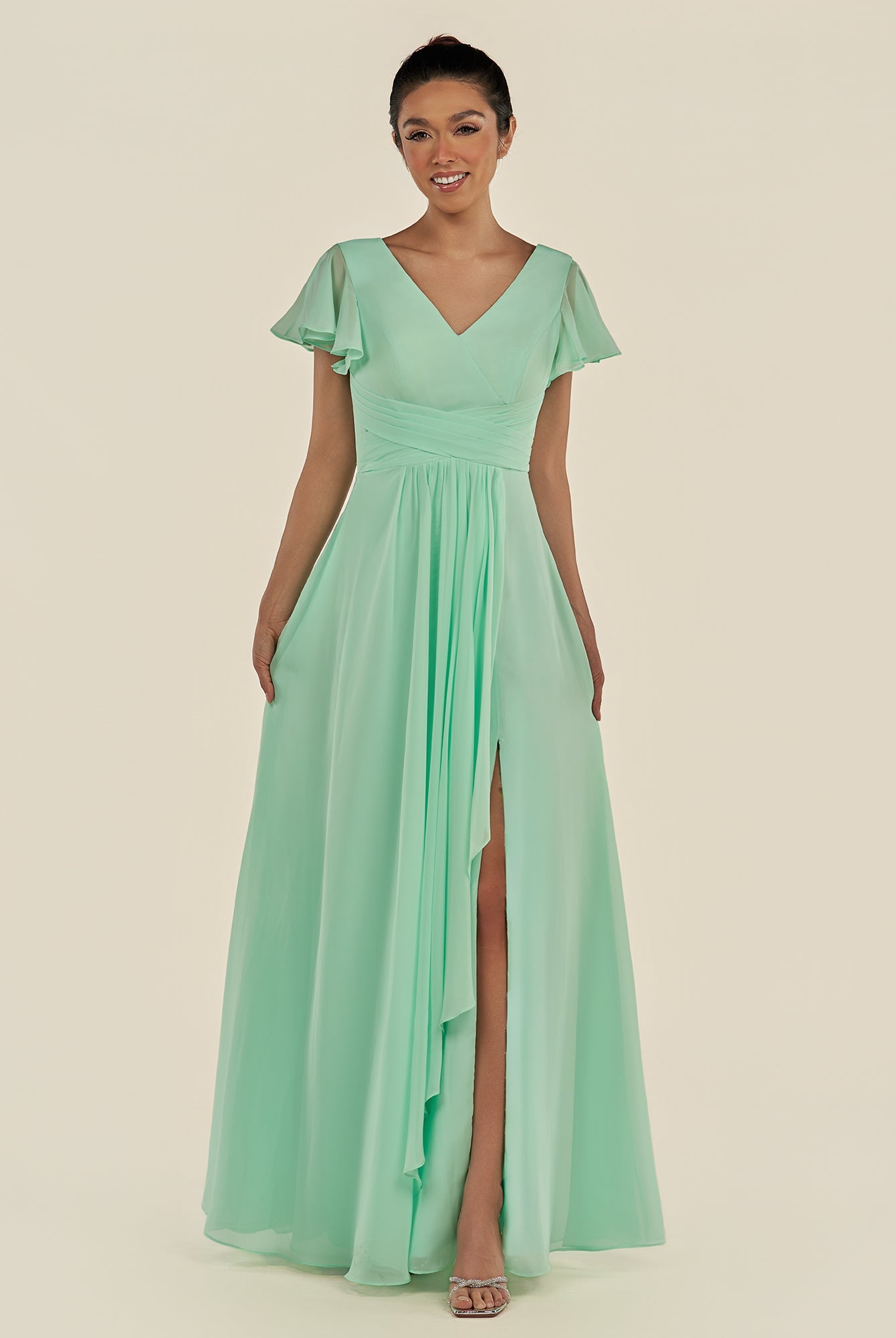 KissDress-Corin Pale Pistachio A Line Chiffon V Neck Long Bridesmaid Dress with Flutter Sleeves