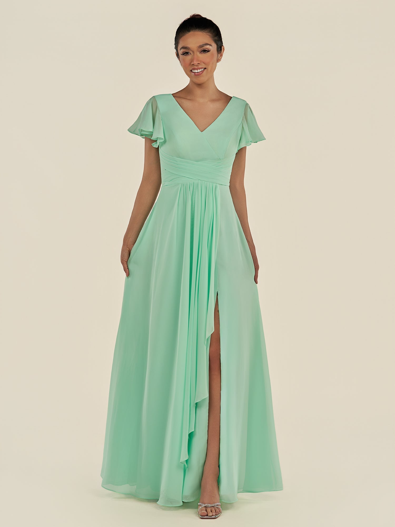 KissDress-Corin Pale Pistachio A Line Chiffon V Neck Long Bridesmaid Dress with Flutter Sleeves