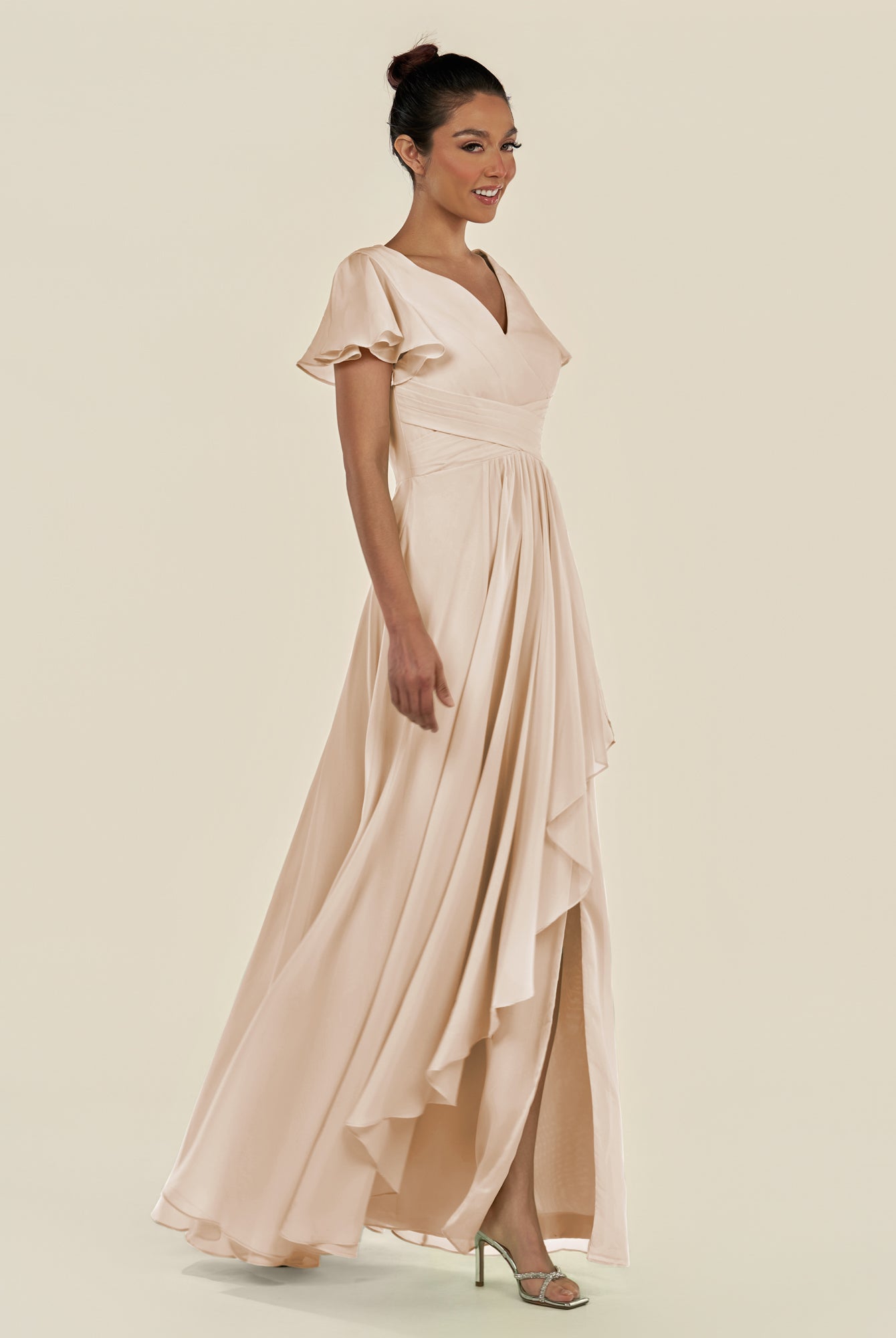 KissDress-Corin Pale Blush A Line Chiffon V Neck Long Bridesmaid Dress with Flutter Sleeves