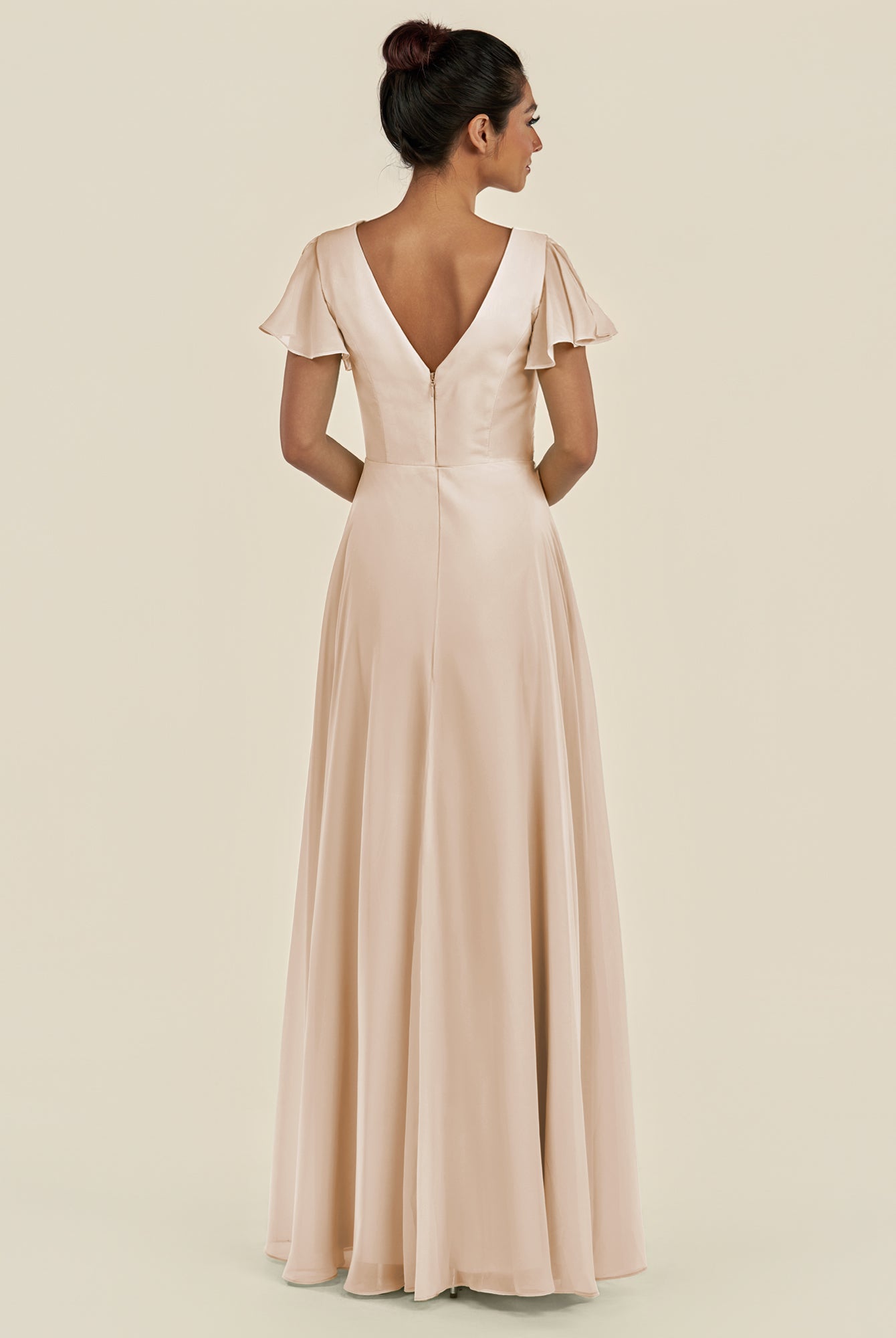 KissDress-Corin Pale Blush A Line Chiffon V Neck Long Bridesmaid Dress with Flutter Sleeves