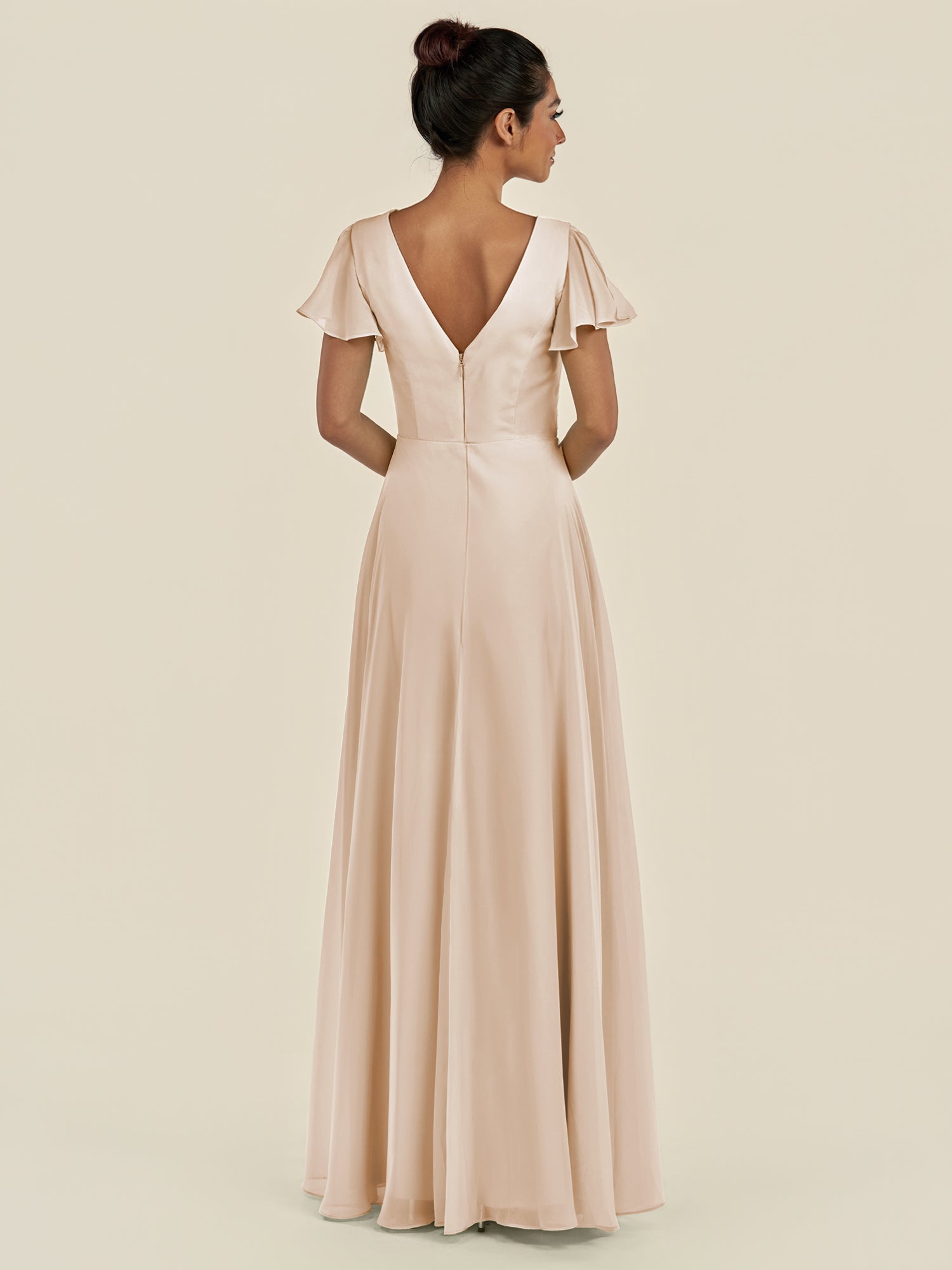 KissDress-Corin Pale Blush A Line Chiffon V Neck Long Bridesmaid Dress with Flutter Sleeves