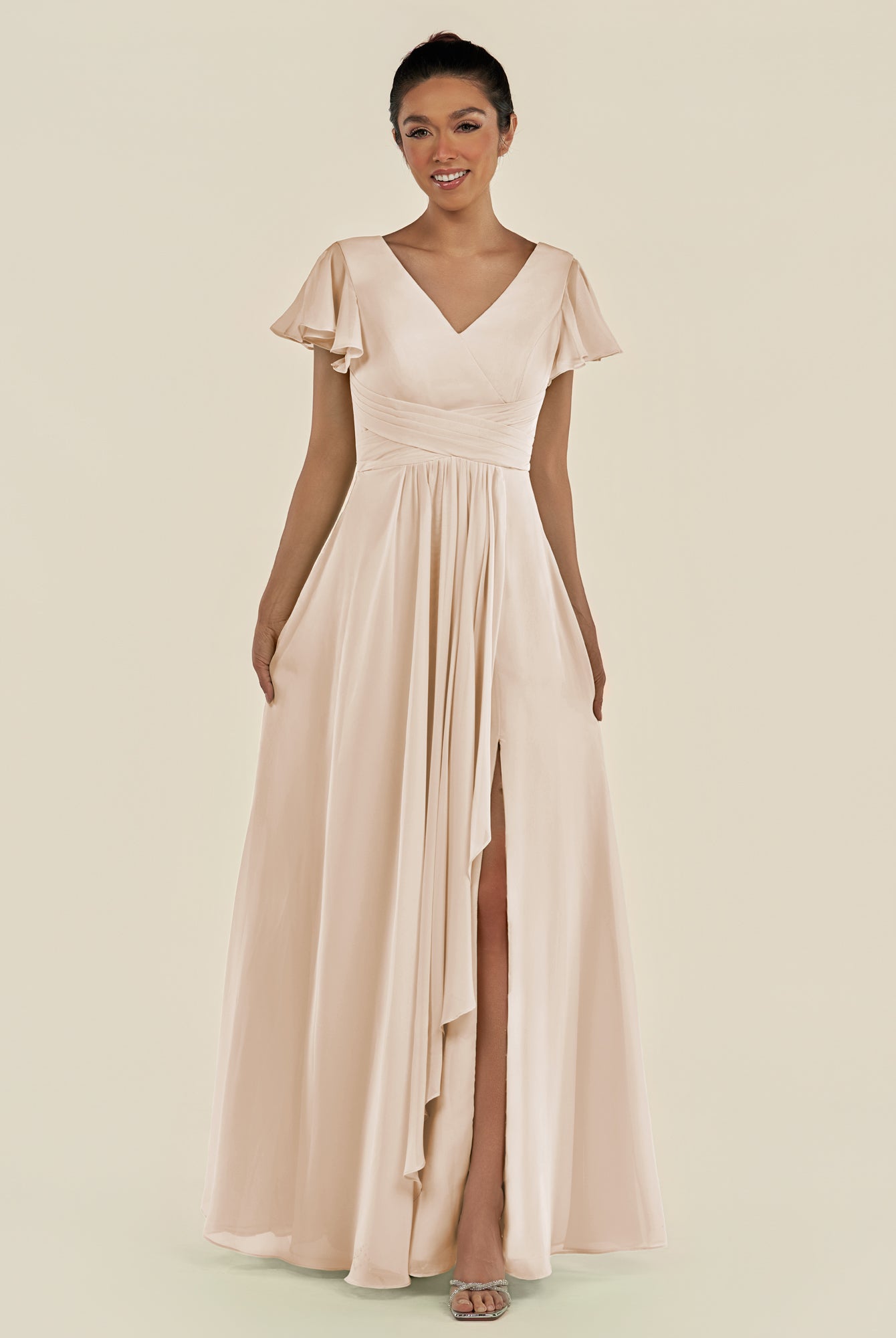 KissDress-Corin Pale Blush A Line Chiffon V Neck Long Bridesmaid Dress with Flutter Sleeves