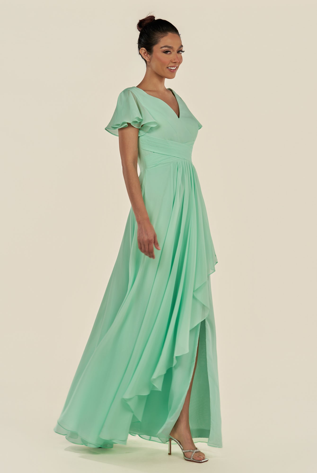KissDress-Corin Pale Pistachio A Line Chiffon V Neck Long Bridesmaid Dress with Flutter Sleeves