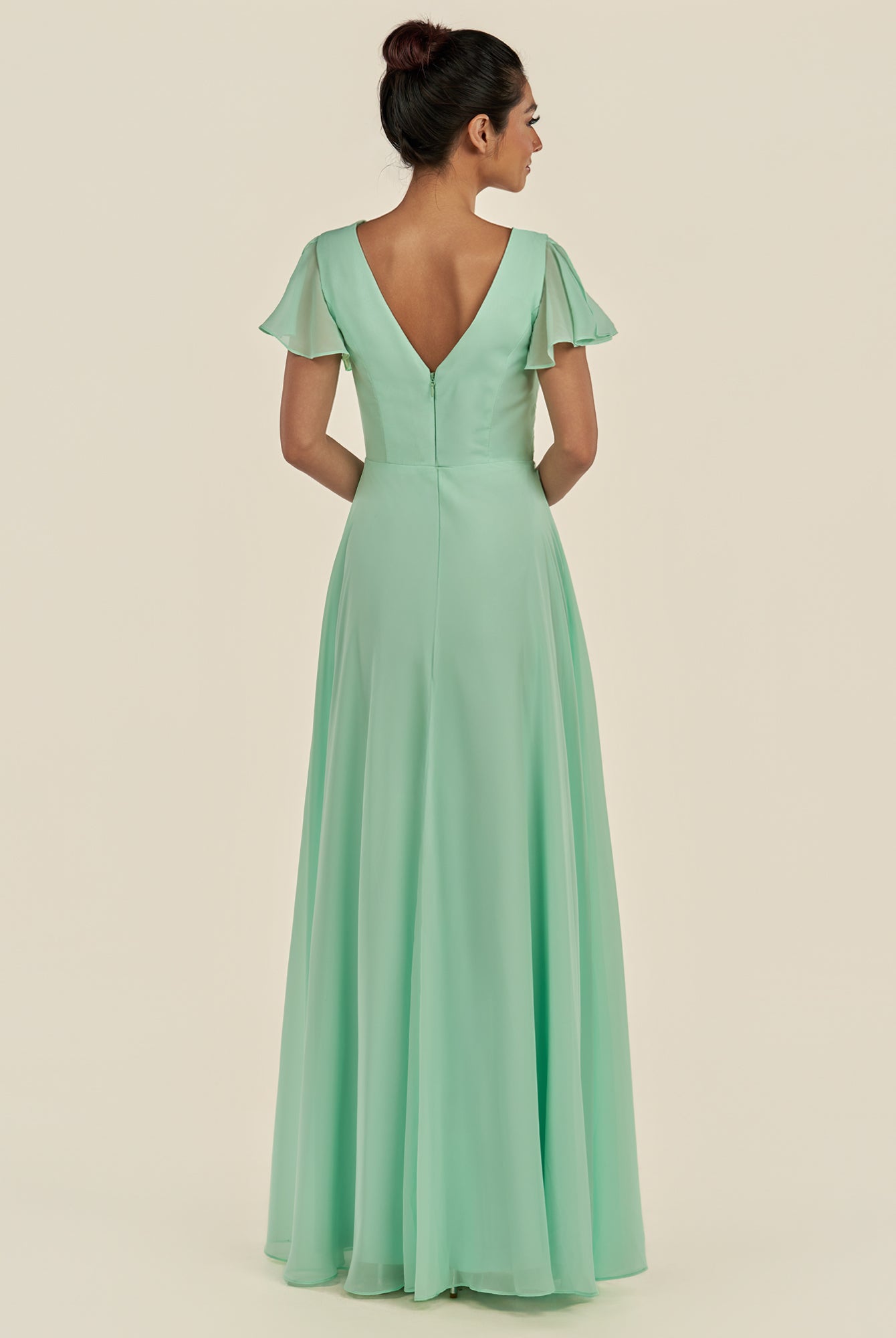 KissDress-Corin Pale Pistachio A Line Chiffon V Neck Long Bridesmaid Dress with Flutter Sleeves
